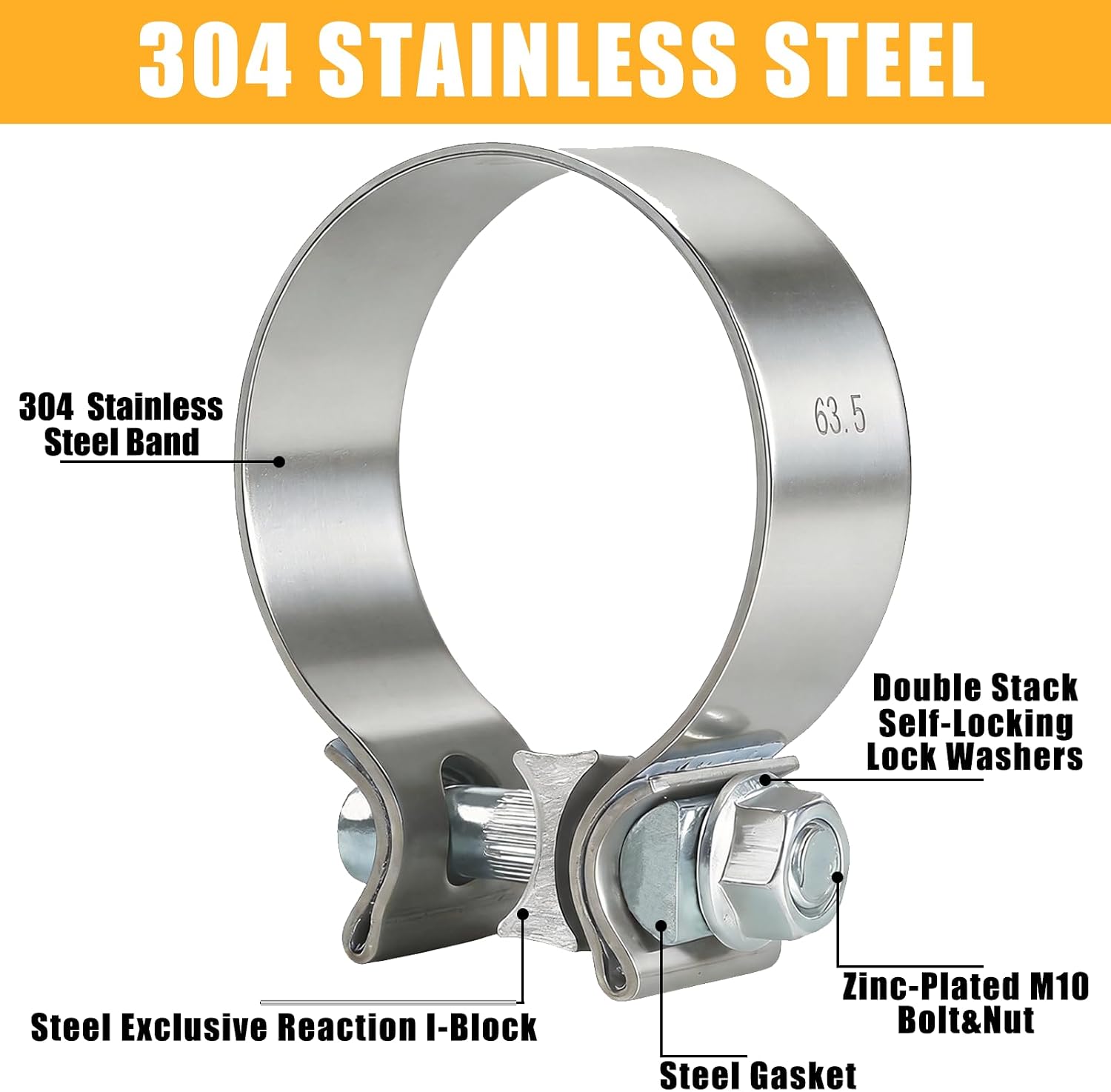 2.5 Inch Exhaust Clamp, 2 1/2" Narrow Band Stainless Steel Muffler Clamp for 2.5" OD Exhaust Pipe, Muffler, and Catalytic Converter - Compatible with Standard Exhaust Systems (2-Pack)