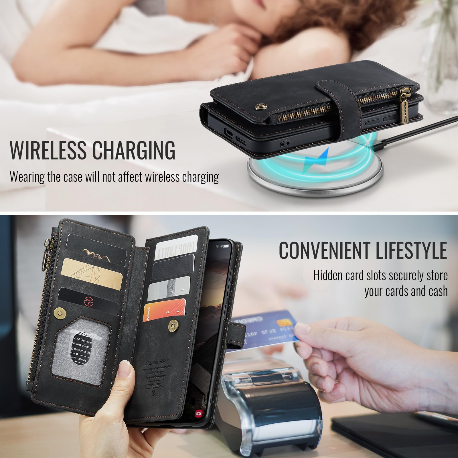 UEEBAI Handyhülle für Samsung Galaxy S26 5G, Retro Reißverschluss Hülle Premium PU Leder Weiche Klapphülle Magnetverschluss Kartenfach Standfunktion Geldbörse mit Trageband Schutzhülle, Schwarz