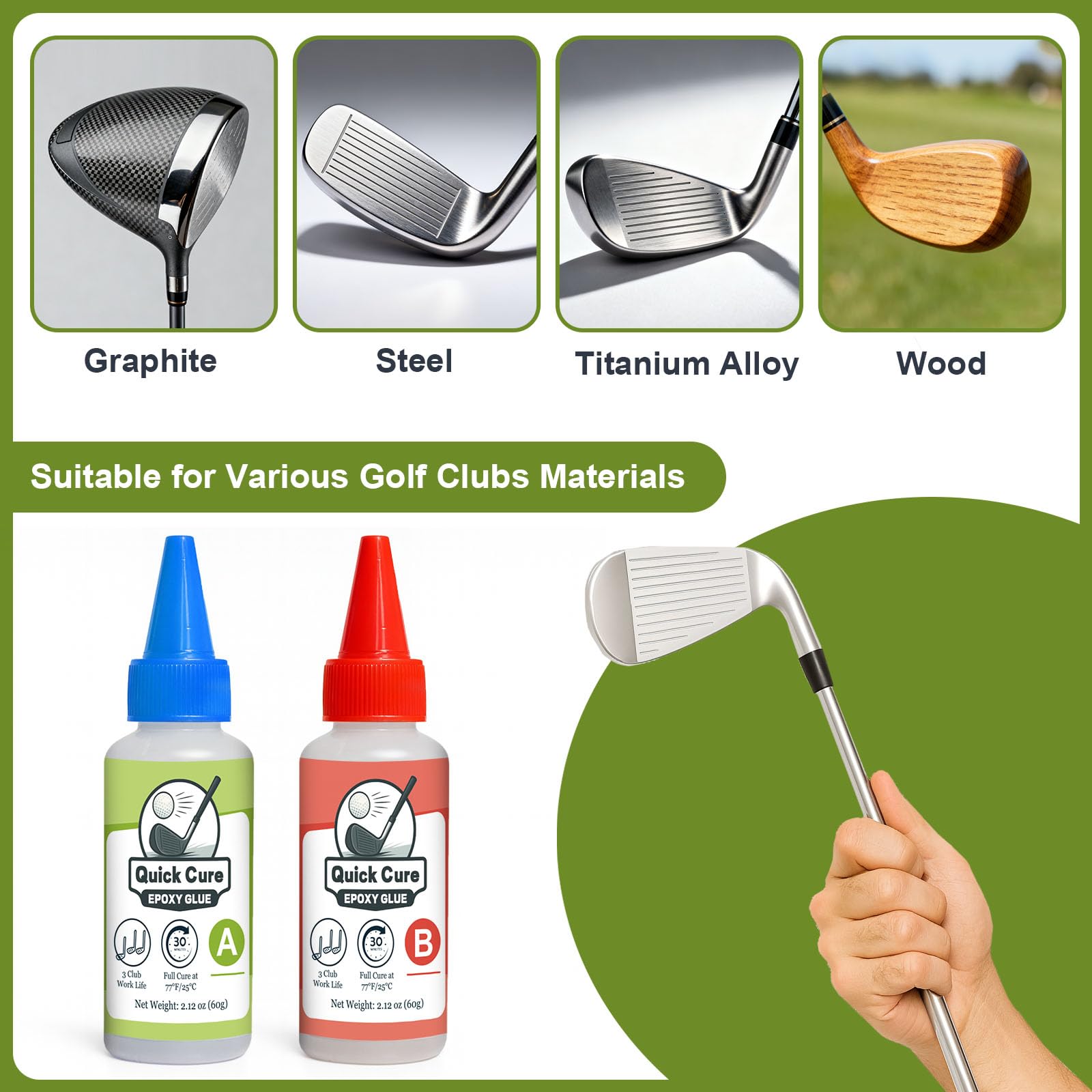 Resina epoxi para palos de golf de 5 minutos, 60 + 60 ml, extra dura, para todos los cabezales, conductores, putter y hierro, compatible con varillas de grafito y acero (endurecimiento rápido)