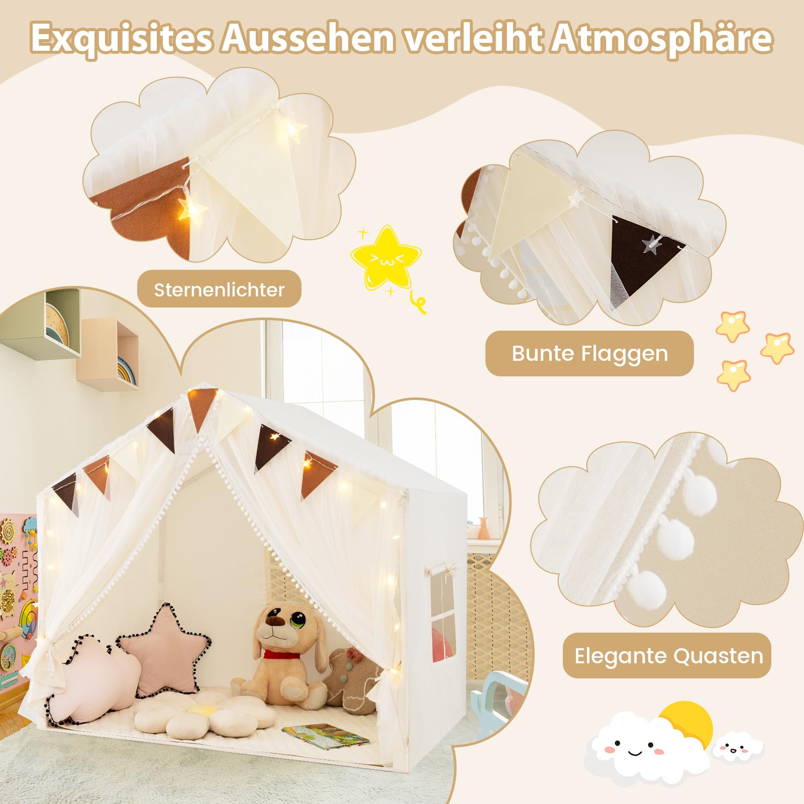 COSTWAY Spielhaus Kinder Indoor, Kinderzelt mit Matte und Lichtern, Spielzelt Kinder, Prinzessin Kinderspielhaus, Kinderzimmer Dekor Zelt für Jungen und Mädchen ab 3 Jahren (Beige)