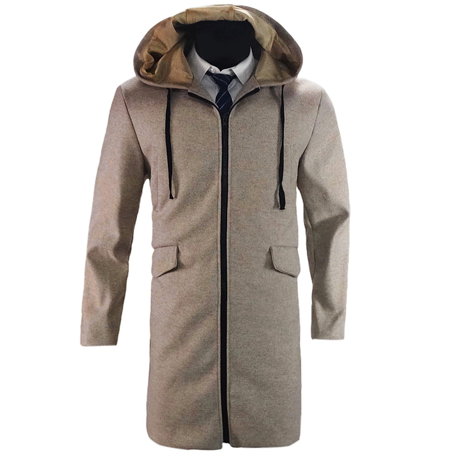 Generisch Trench Coat - Giacca a vento da uomo, lunghezza media, con chiusura lampo, tinta unita, con cappuccio, giacca Causal Coat, antivento, giacca invernale classica, per le mezze stagioni