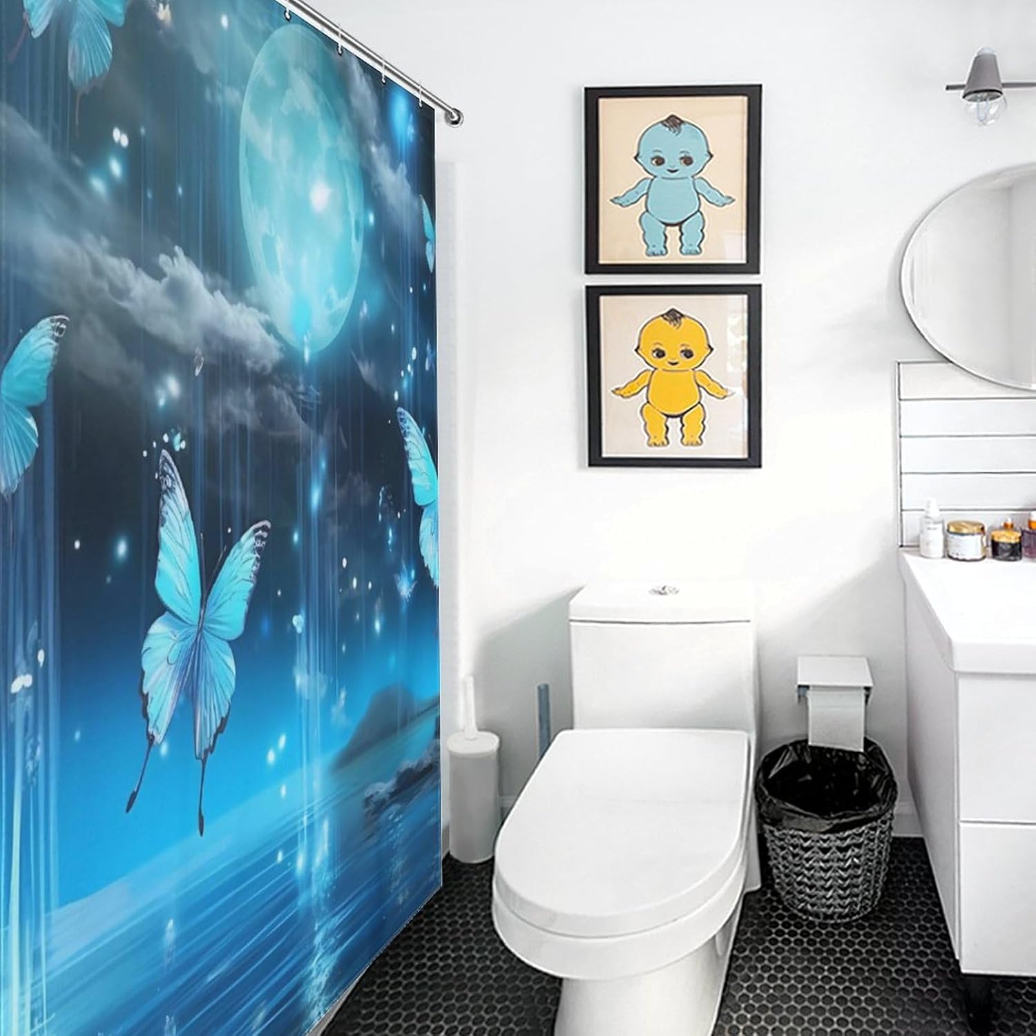 Psychedelic Teal Butterfly Full Moon Funny Shower Curtains Washable Bath Curtain Liner with Hooks for Bathroom Bath Tubs