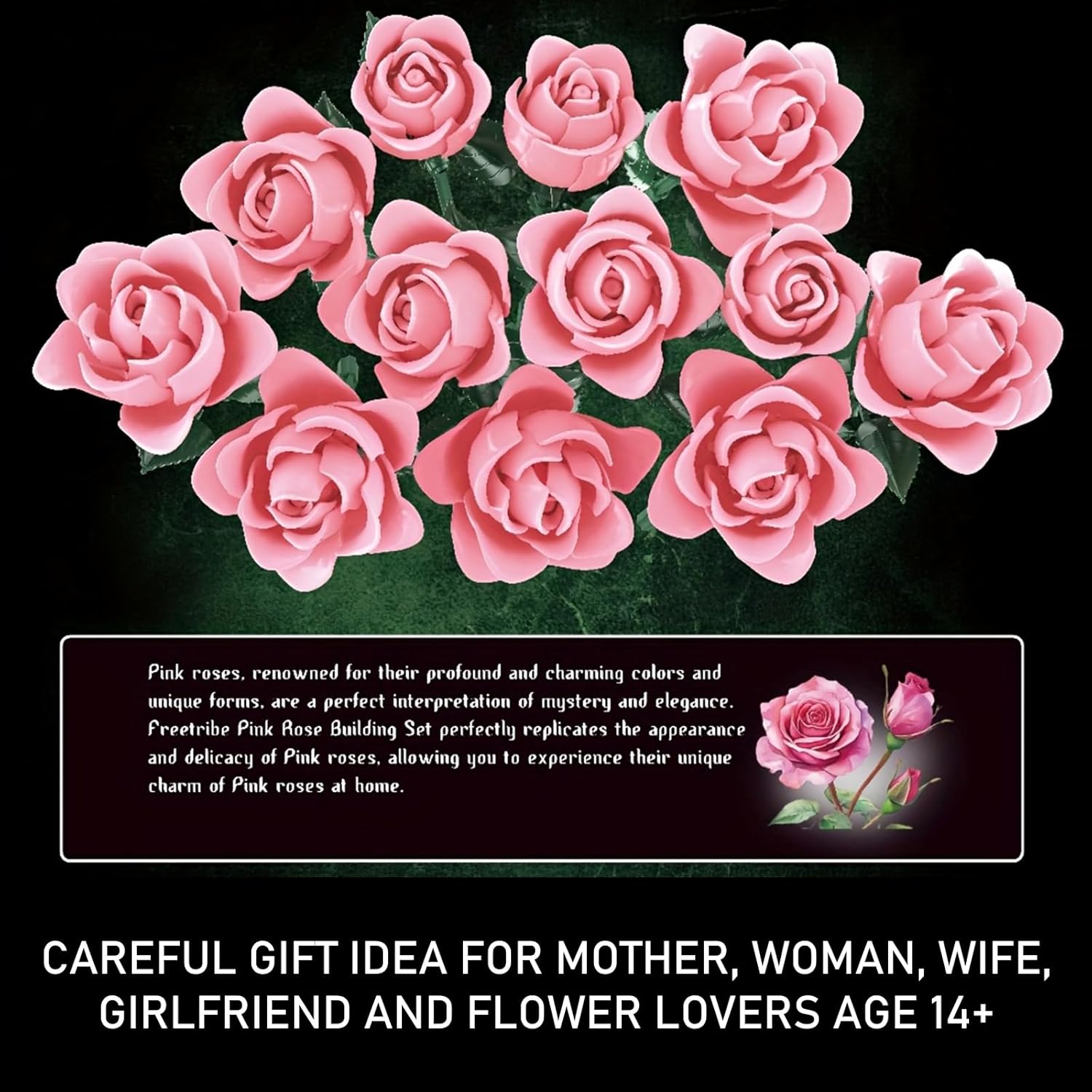 Pink Roses Bouquet Building Set, Pretty Pink Artificial Flowers Blocks Kit for Adults Women Teengirls Lovers - Gift for Mother's Day & Valentines - Botanical Collection Home Decor