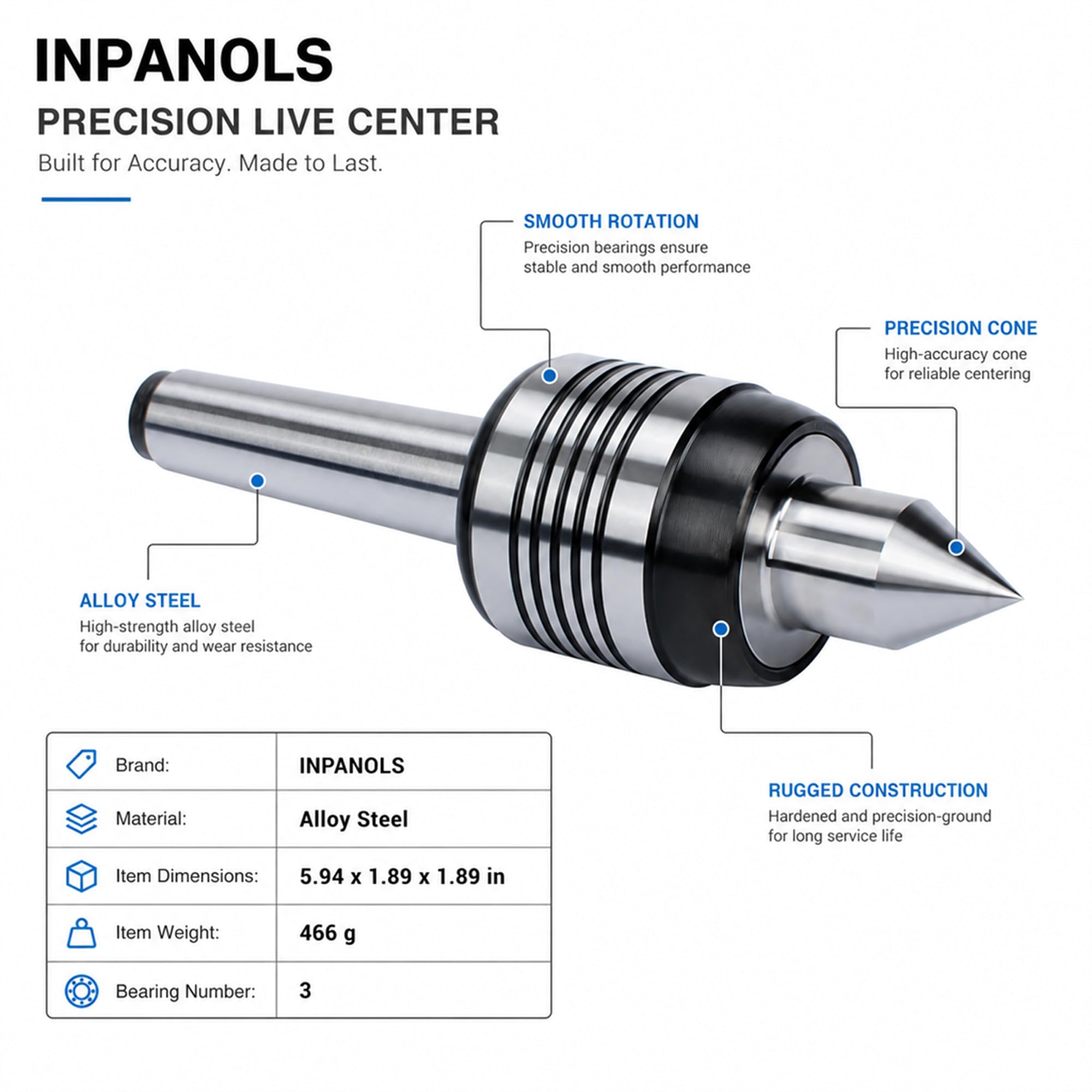 INPANOLS MT2 Live Center - Precision Morse Taper -5