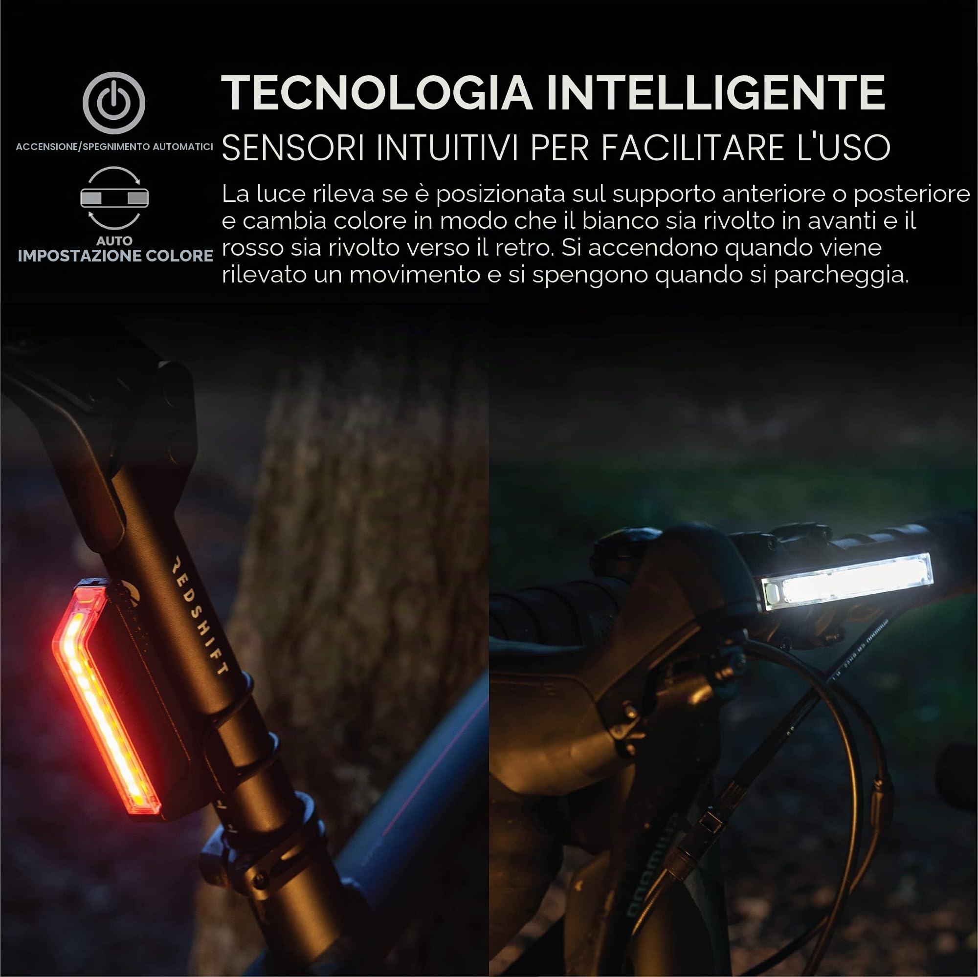 Luce per bicicletta LED REDSHIFT ARCLIGHT, Luce anteriore-posteriore della bici per la guida diurna e notturna, durata della batteria 36+HR, accensione/spegnimento automatico, USB, ultra luminosi