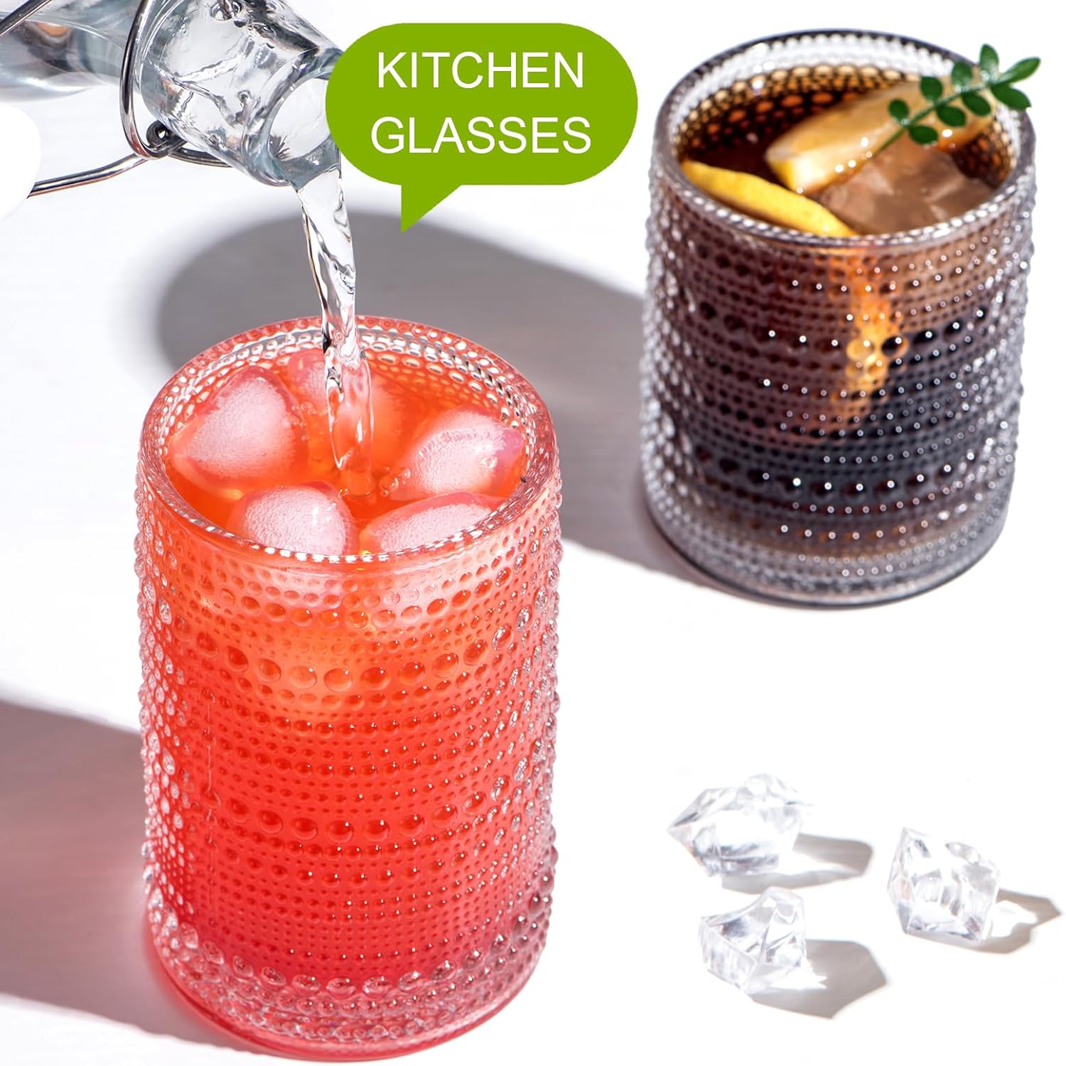 Vintage Hobnail Drinking Glasses - Set of 12 Cocktail Glassware - 6 Pcs Jupiter Water Cups 14 oz & 6 Pcs Cute Beaded Bubble Textured Drinkware 11 oz for Wine Beer Juice Whiskey