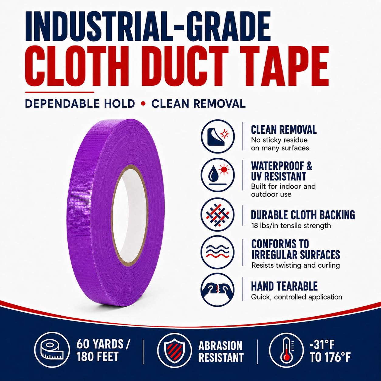 Cinta adhesiva T.R.U. CDT-36 de grado industrial. Impermeable y resistente a los rayos UV. Varios colores disponibles. 60 yardas (morado, 3/4 pulgadas).