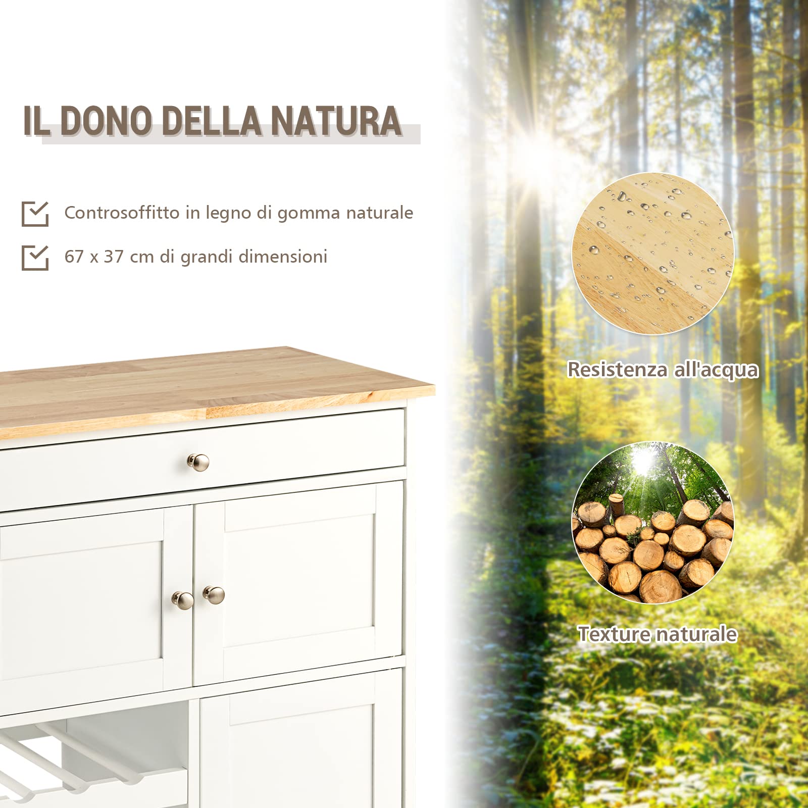 COSTWAY Carrello da Cucina, con Portabottiglie Tre Ante e Ruote, Credenza Cucina in Legno di Pino e MDF, Ideale per Soggiorno, 67 x 37 x 86 cm (Bianco)