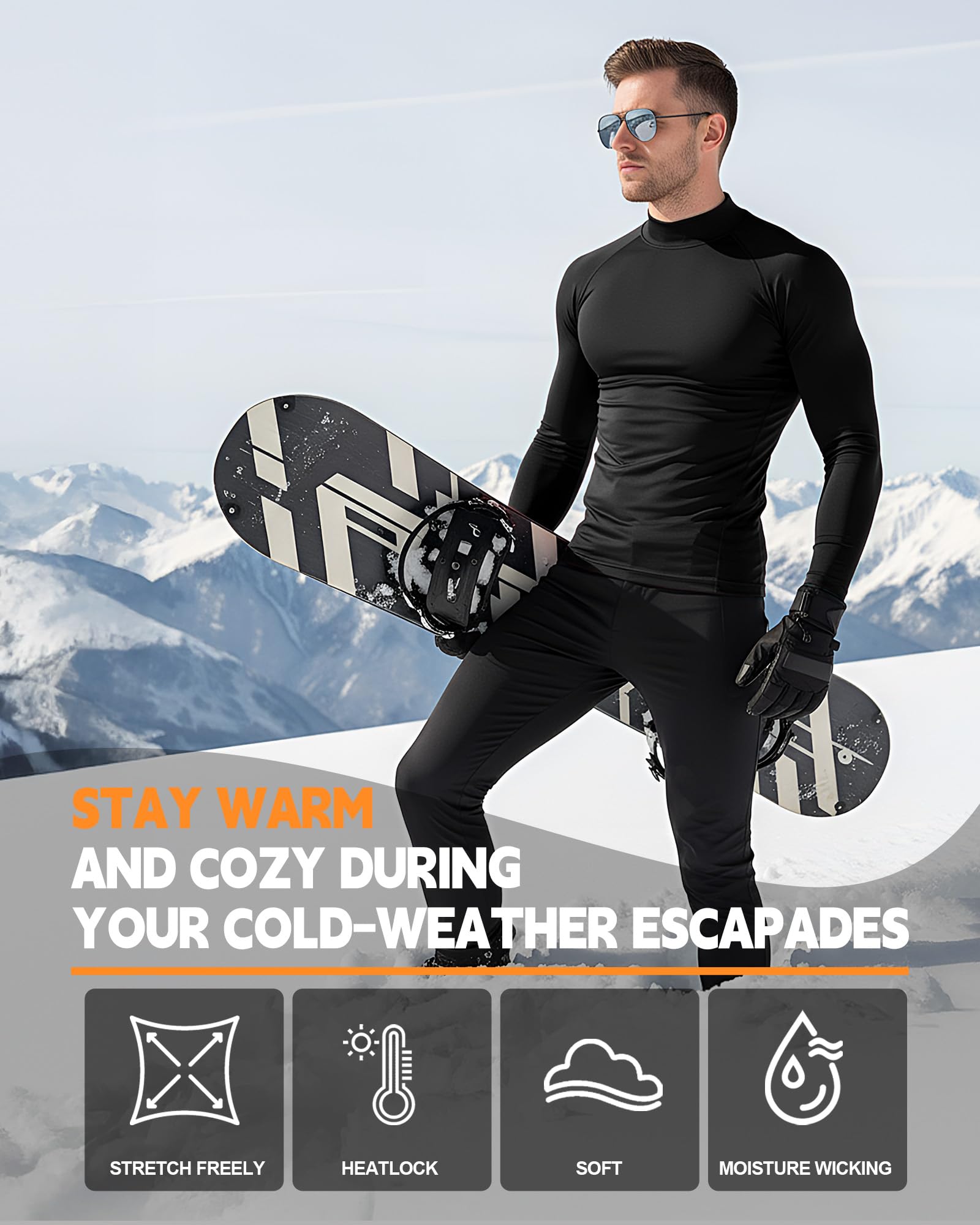 Coume Thermo-Kompressionsshirt für Herren, mit Fleece gefüttert, Rollkragen, Unterhemd, langärmelig, athletisches Workout, 4 Stück