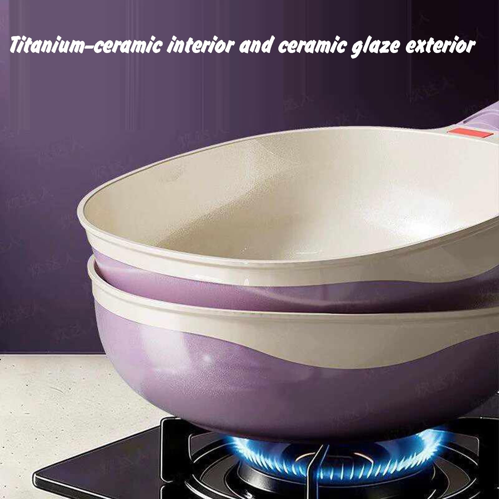 Genérico Wok, De Fondo Plano Cerámica Y Titanio Con Tapa, Superficie Antiadherente Natural Compatible Varias Estufas(32cm)
