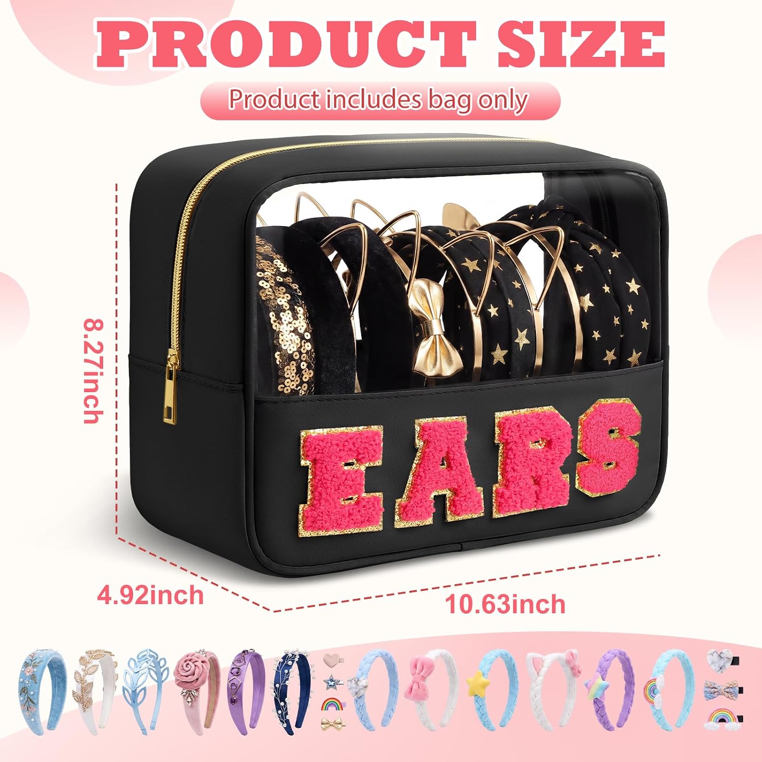 Hillban Mouse Ears Bag Chenille Letter Patch Headband Ears Holder Travel Case Hair Accessories Translucent Black and Rose Pink Organizer Storage Nylon Large Chenille Letter Makeup Bag Gift for Women image 3