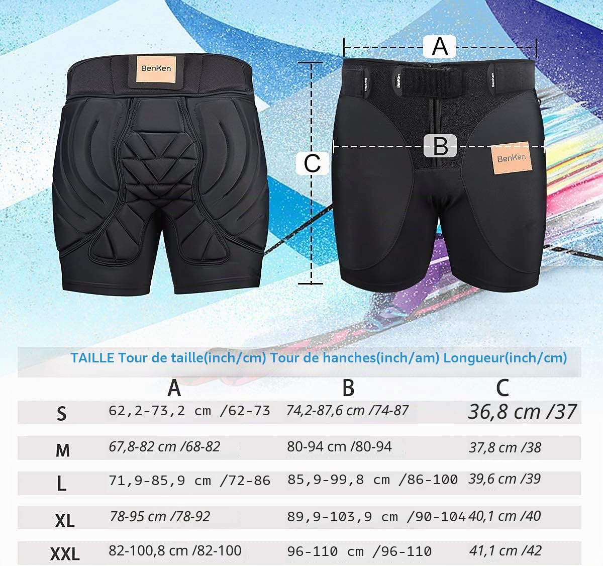 BenKen Short de Protection Hip Pad Pantalon de Protection pour Cyclisme Patinage Snowboard Skating Ski Roller Vélo VTT Homme et Femme (L)