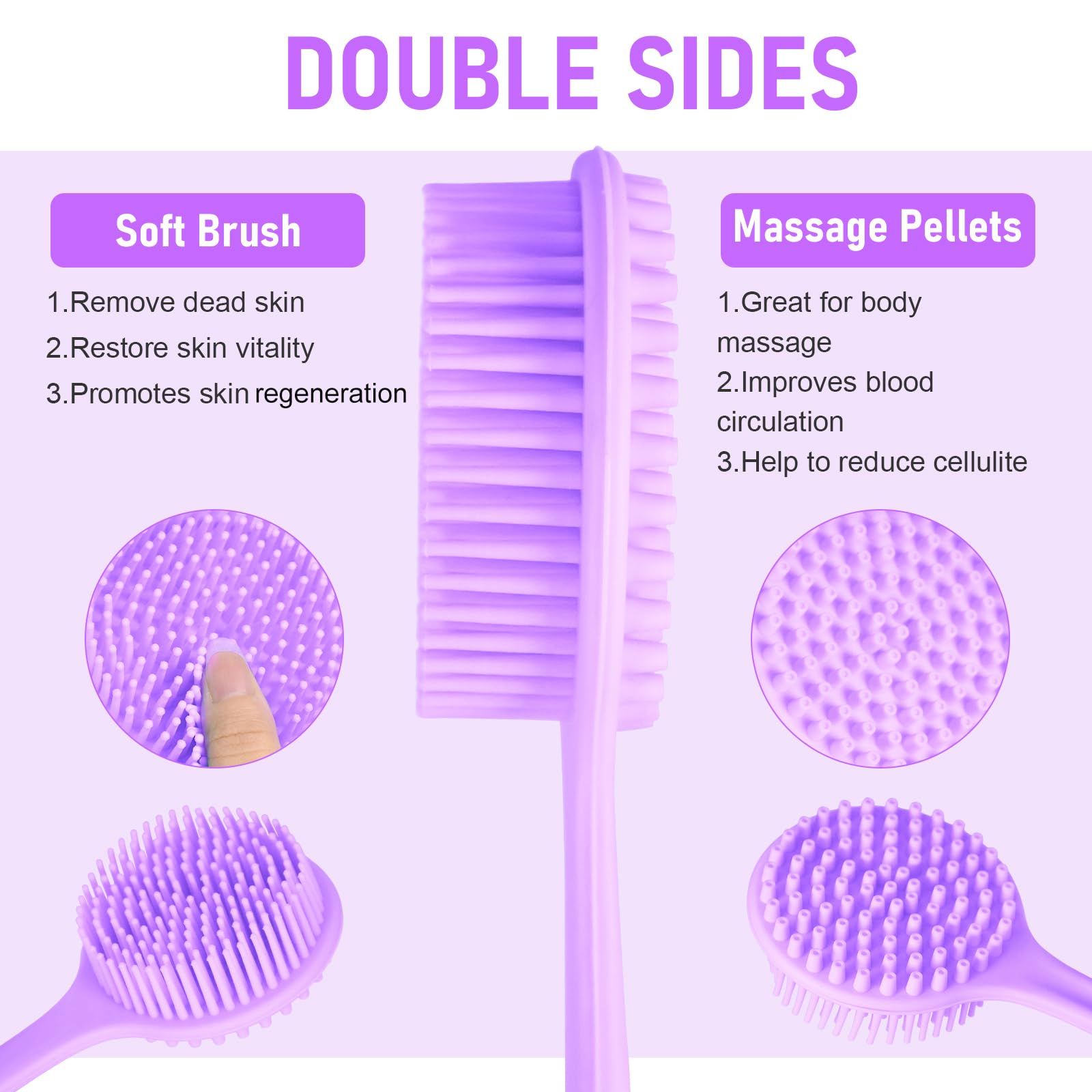 KXF Silicone Back Scrubber 37.5cm Long Handle Double-Sided Shower Body Brush Body Scrubber Bath Wash Brush with Soft Lathering Bristles and Stiff Massage Nodes Gentle Exfoliating Showering Exfoliator - Image 3