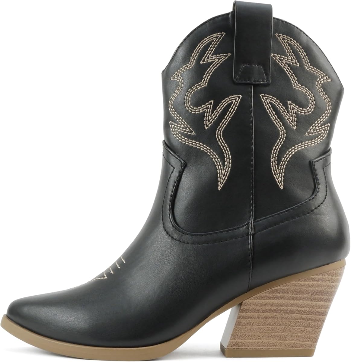 Amazon.com | Soda “BLAZING” ~ Women Western Stitched Pointe Toe Low Heel High Top Ankle Shaft Boot Bootie (BLACK PU, us_footwear_size_system, adult, women, numeric, medium, numeric_7) | Ankle & Bootie