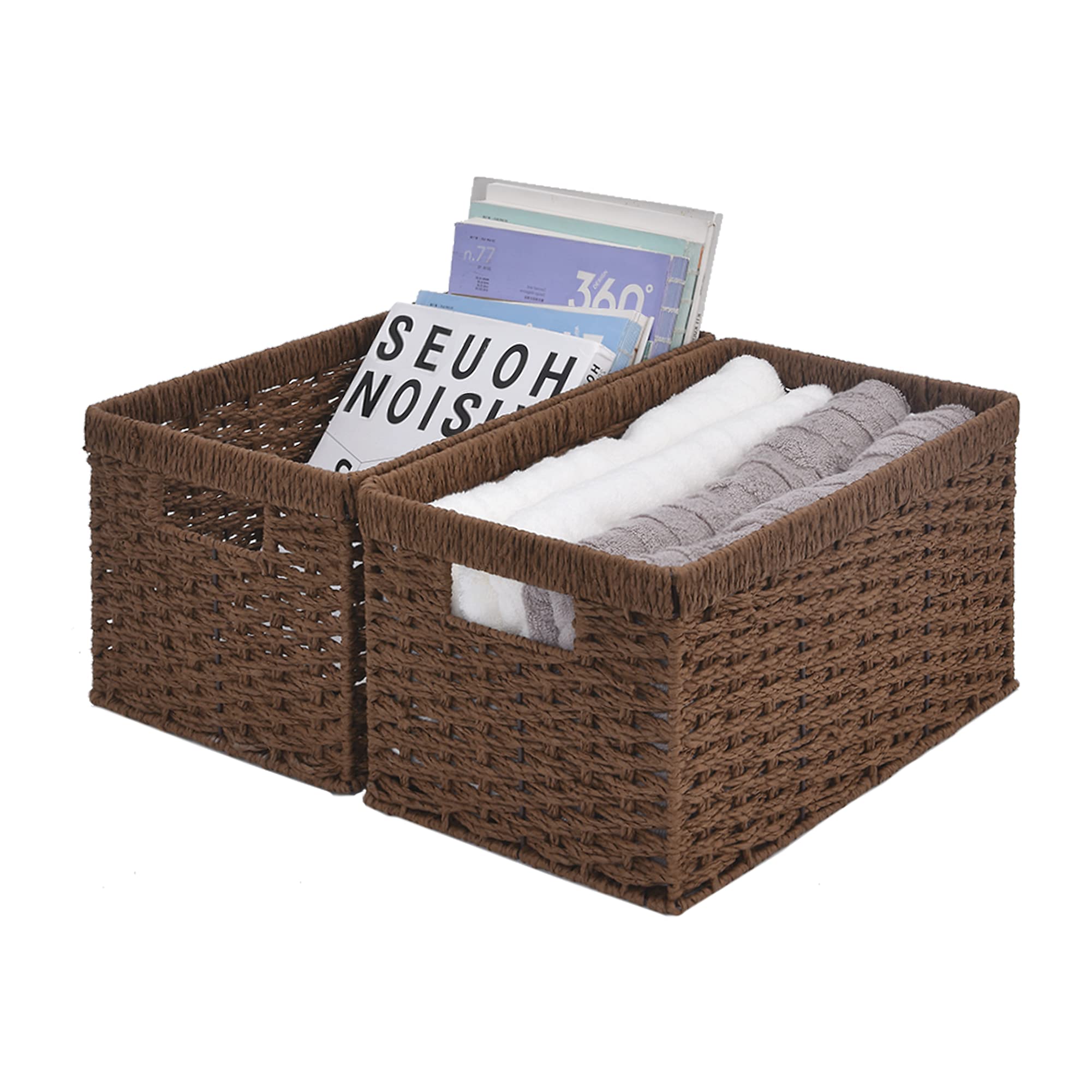 StorageWorks Round Paper Rope Storage Baskets, Rectangular Wicker Baskets with Built-in Handles, Medium, 2-Pack