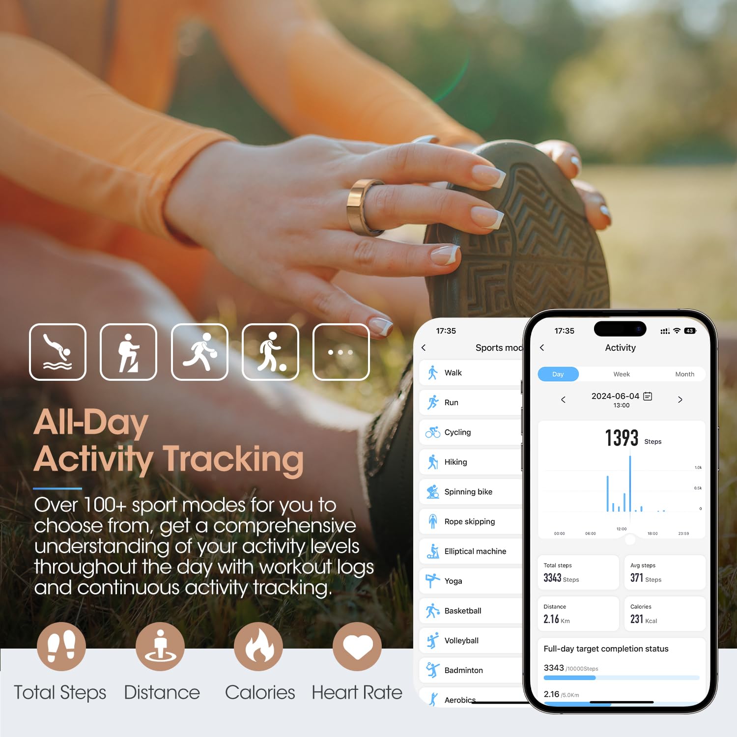 DekeFit Smart Ring Uomo Donna con Custodia di Ricarica, 100 Modalità Sport Contapassi, Frequenza Cardiaca, SpO2, Sonno, Impermeabile IP68, Anello Fitness Activity Tracker Android iOS, Taglia 9, Oro