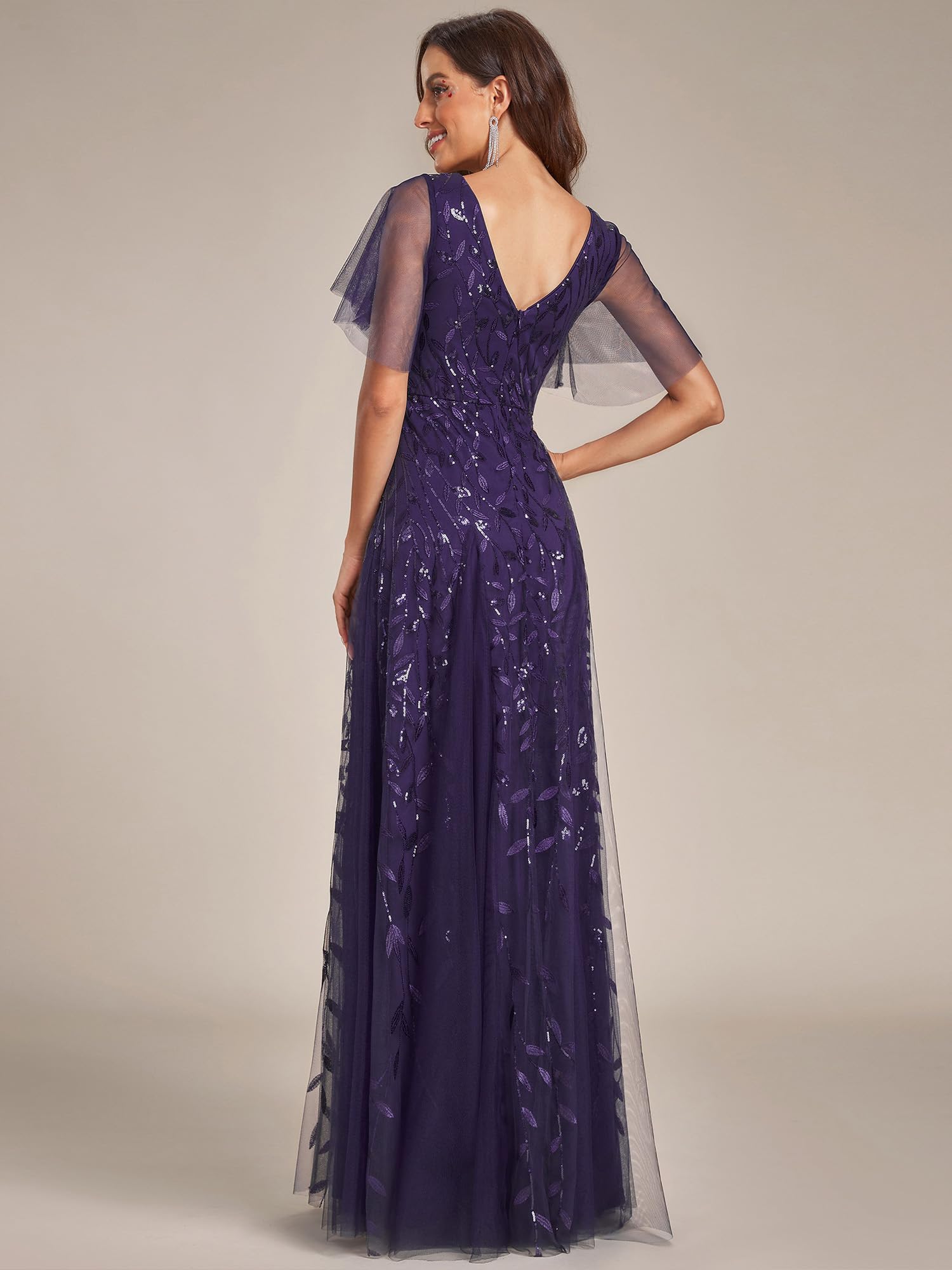 Ever-Pretty Robes de Soir e Femmes Longues Manches Volants Tulle Paillettes de Feuilles Col V Chic Bordeaux 36