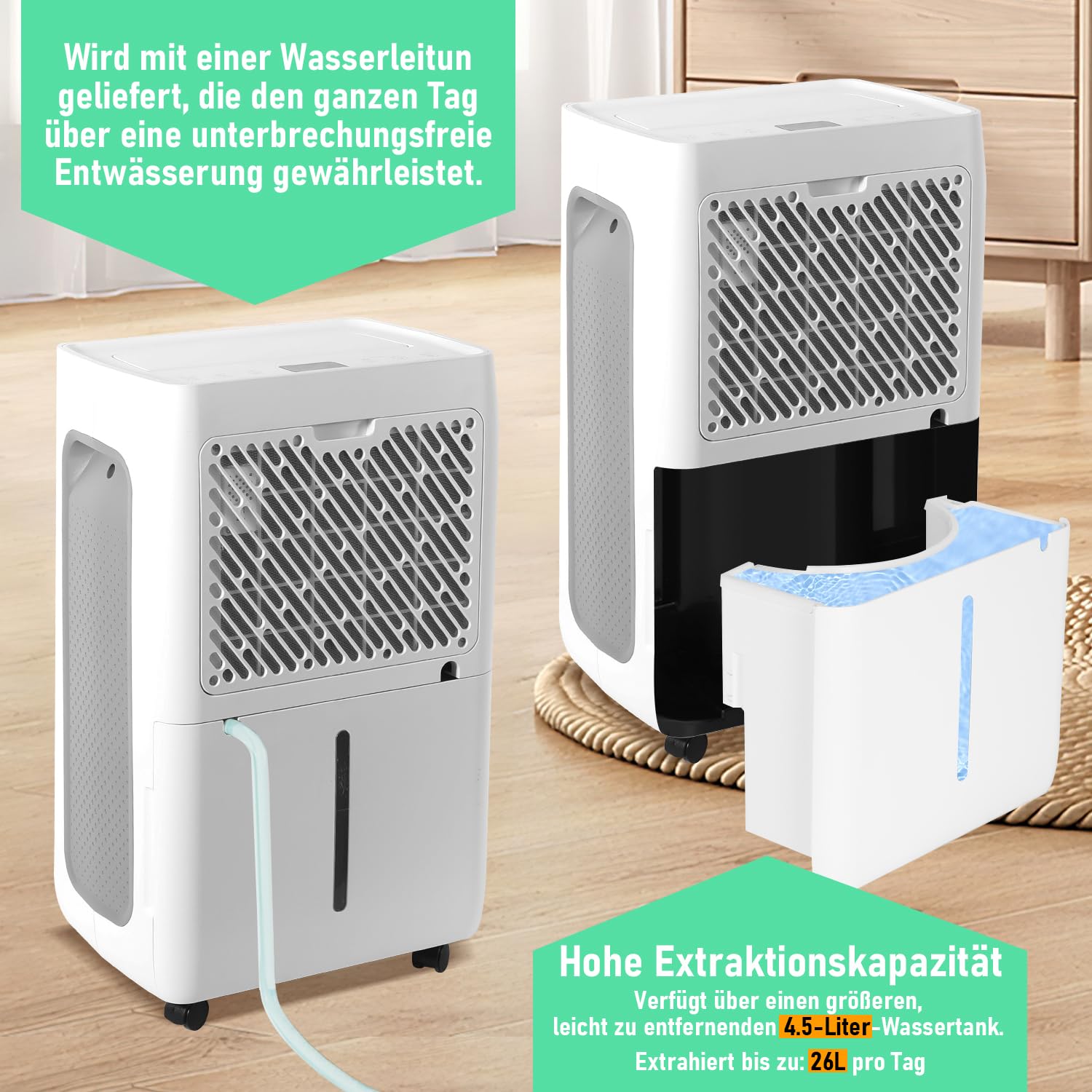 Osuszacz powietrza z wyświetlaczem LED, bardzo cichy, suszenie prania, timer, ochrona przed wilgocią, pleśnią, filtrowaniem powietrza (26 l)
