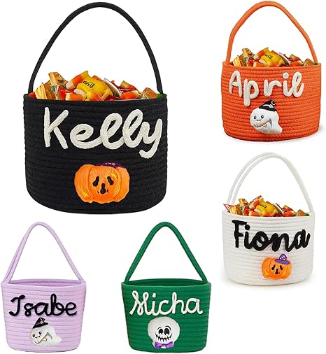Personalized Halloween Baskets for Kids Custom Halloween Candy Basket with Name Trick or Treat Bags Pumpkin Bucket Gifts for Boys Girls Home Decor