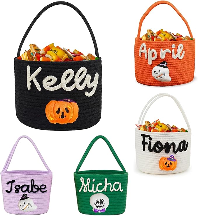 Personalized Halloween Baskets for Kids Custom Halloween Candy Basket with Name Trick or Treat Bags Pumpkin Bucket Gifts for Boys Girls Home Decor