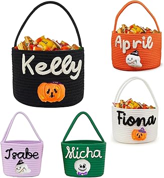 Personalized Halloween Baskets for Kids Custom Halloween Candy Basket with Name Trick or Treat Bags Pumpkin Bucket Gifts for Boys Girls Home Decor
