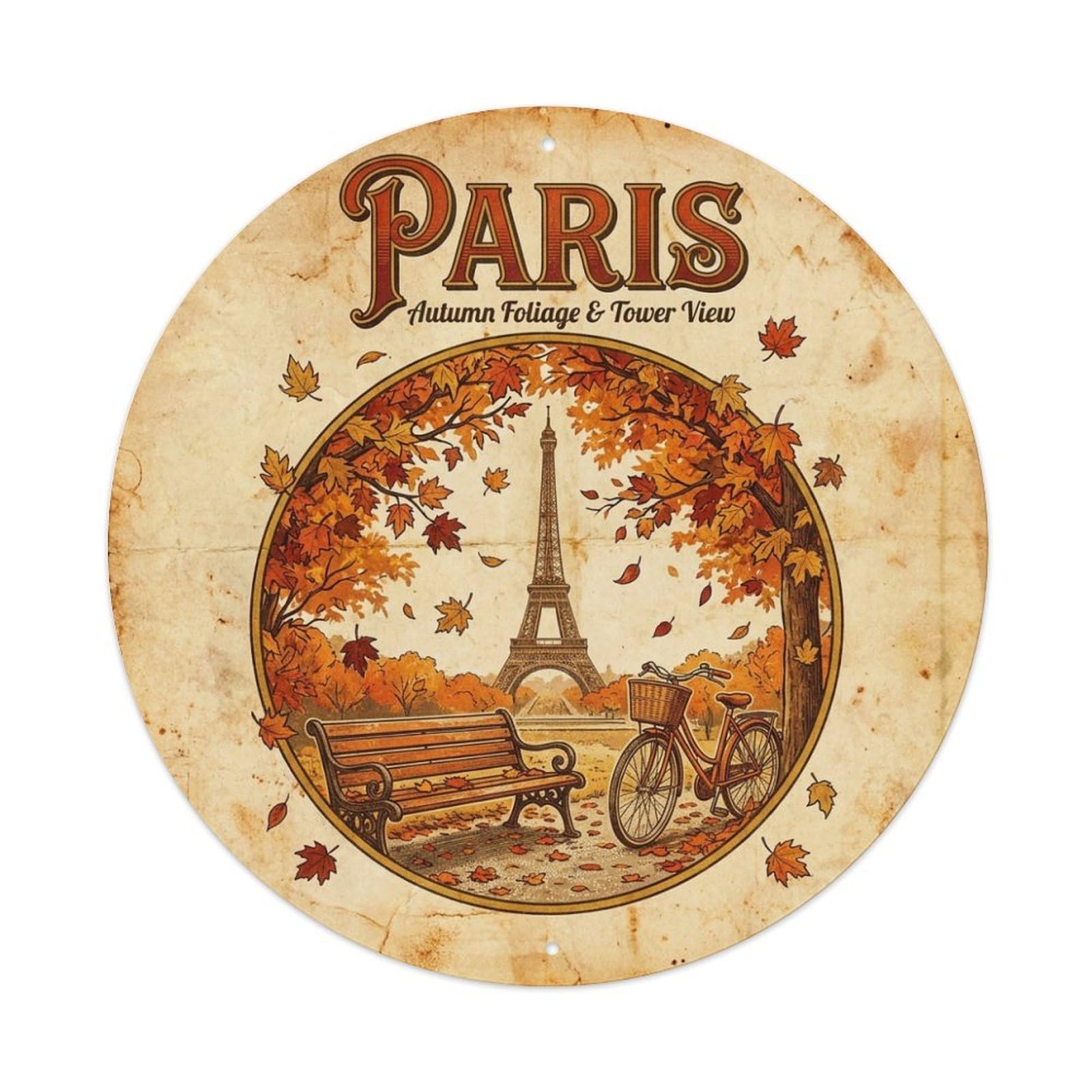 Olhnbad Style Paris Autumn Foliage Tower Glow Route Travel Retro Metal Tin Sign