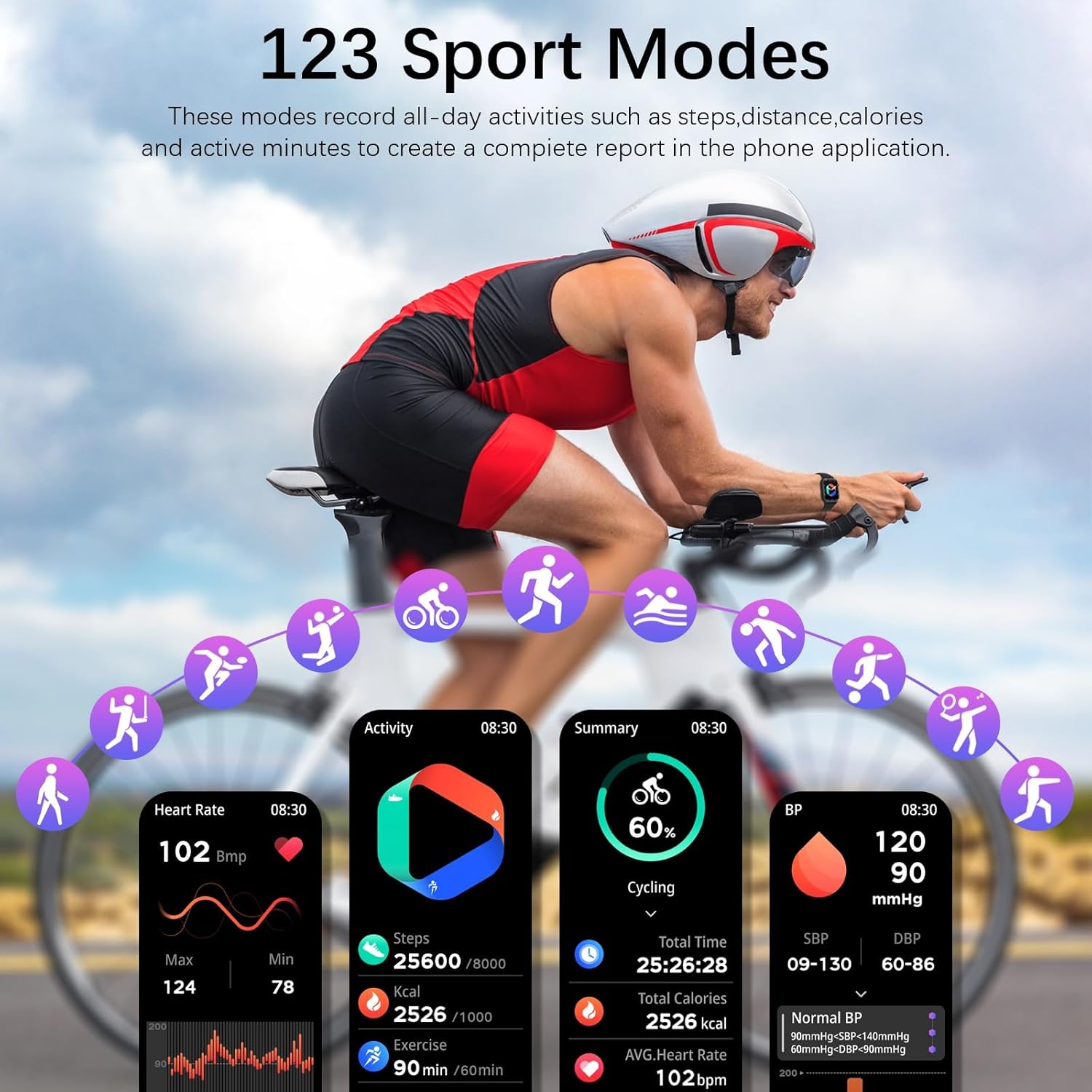 Smartwatch displaying 123 sport modes