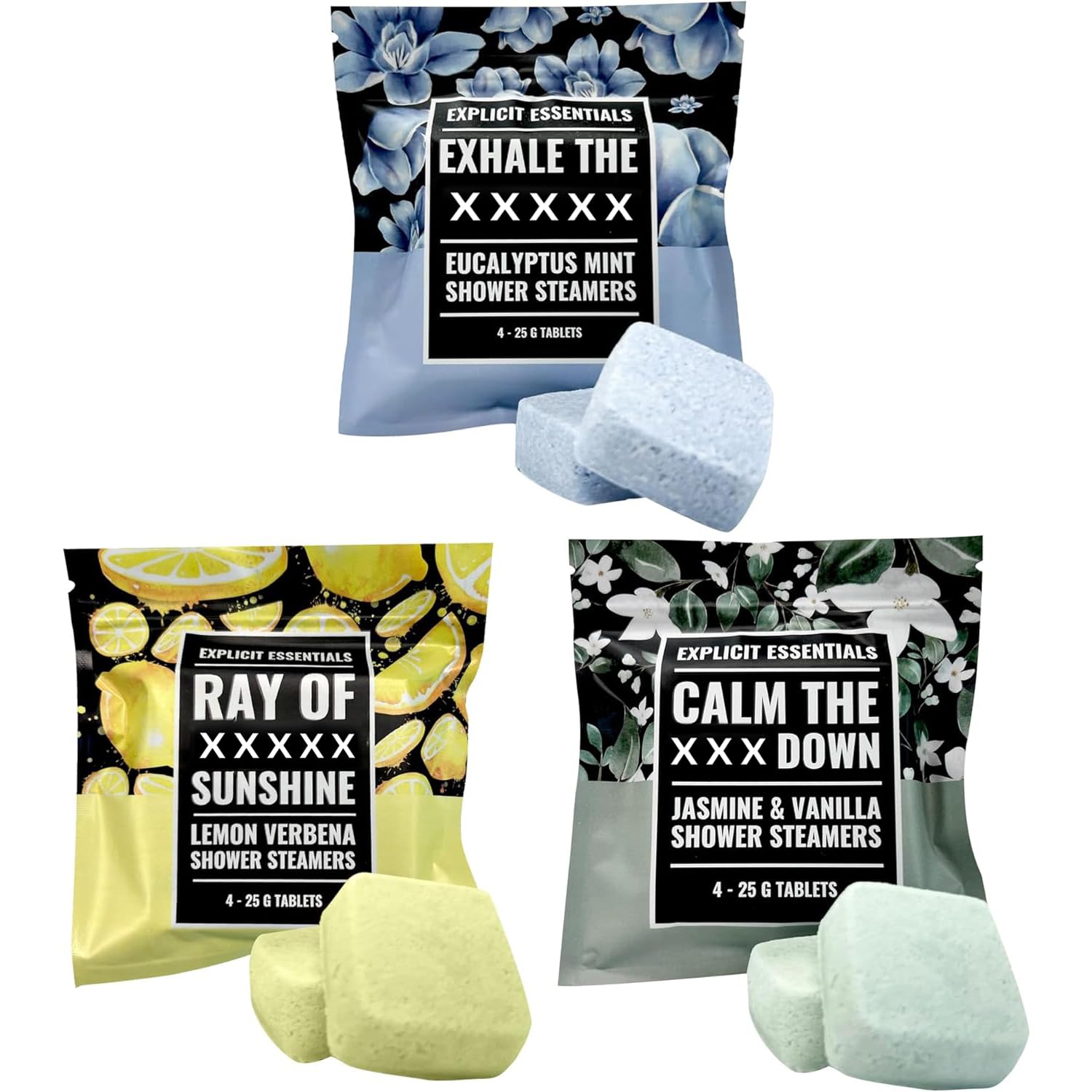 Explicit Essentials Shower Steamers Gift Set | 12 Aromatherapy Shower Steamers (3 Scent Trio) | Eucalyptus Mint, Jasmine Vanilla & Lemon Eucalyptus | Relaxation & Stress Relief Spa Gift for Self-Care