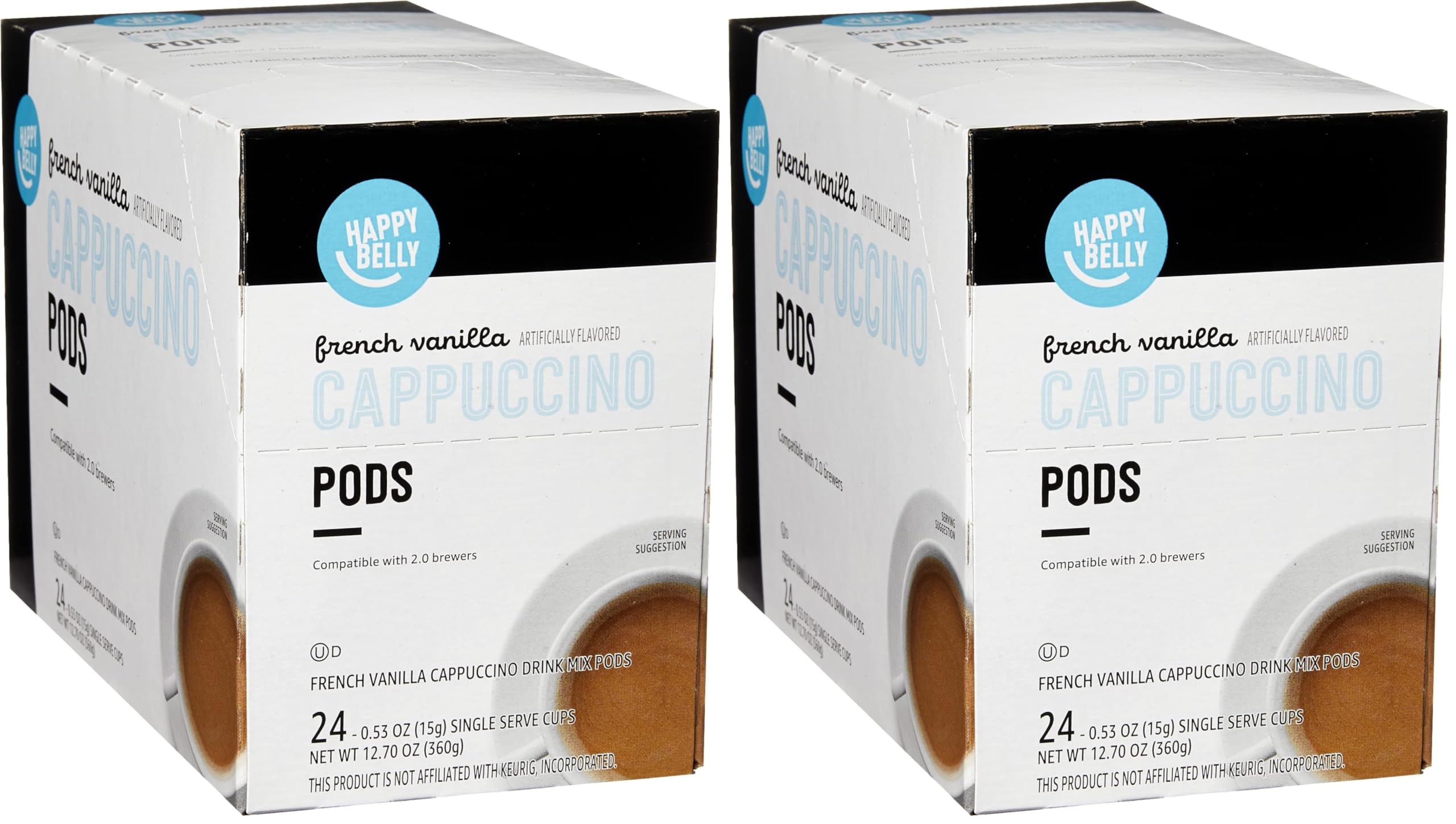 Amazon Brand - Happy Belly Cappuccino Coffee Pods Light Roast Compatible with 2.0 K-Cup Brewers, French Vanilla Flavored, 24 Count, 1.5 pound (Pack of 2)