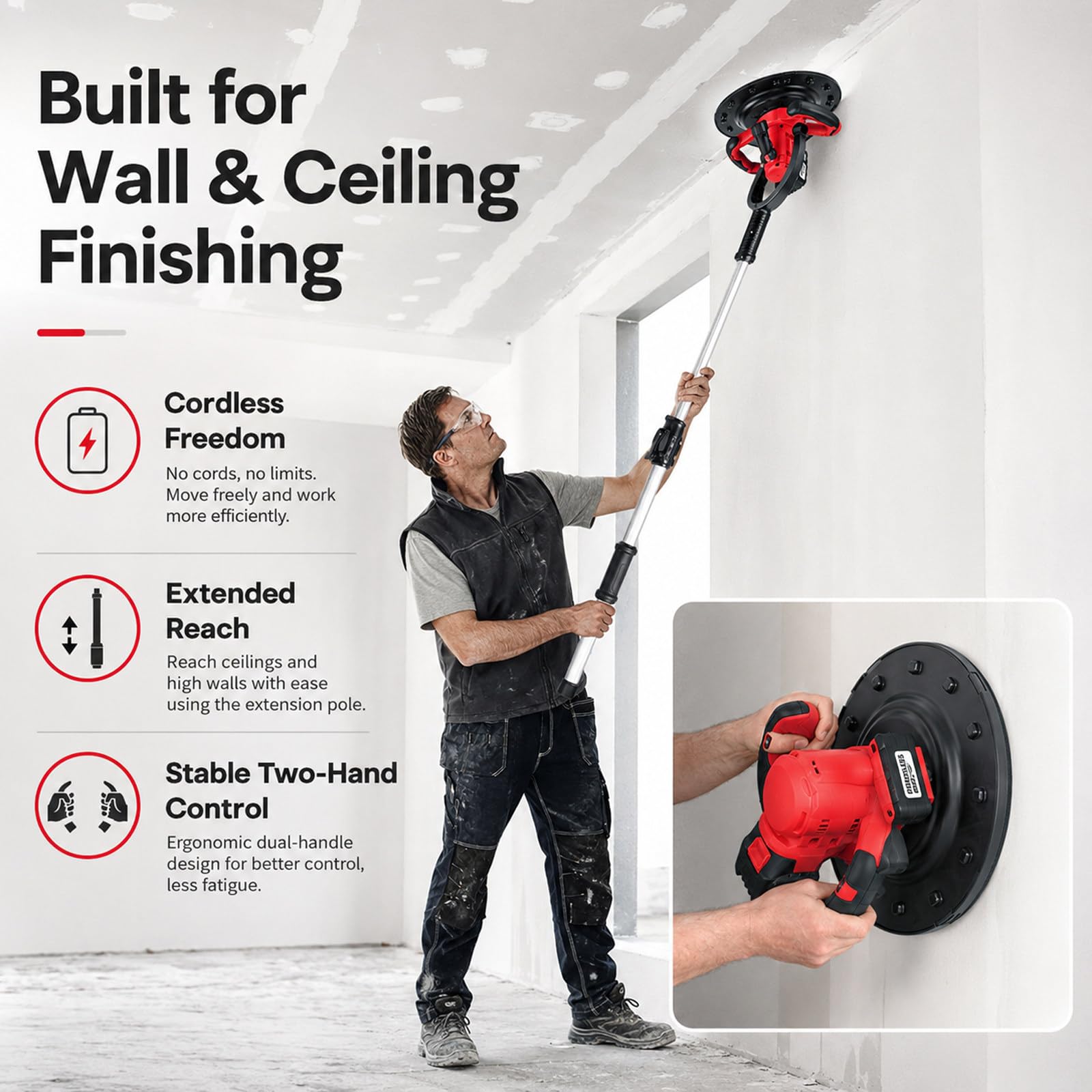 Llana EléCtrica para HormigóN, 6 Velocidades Ajustables, Equipo InaláMbrico Profesional para Alisar Paredes, Ideal para Un Alisado RáPido de Muros y Mortero 13000mAh