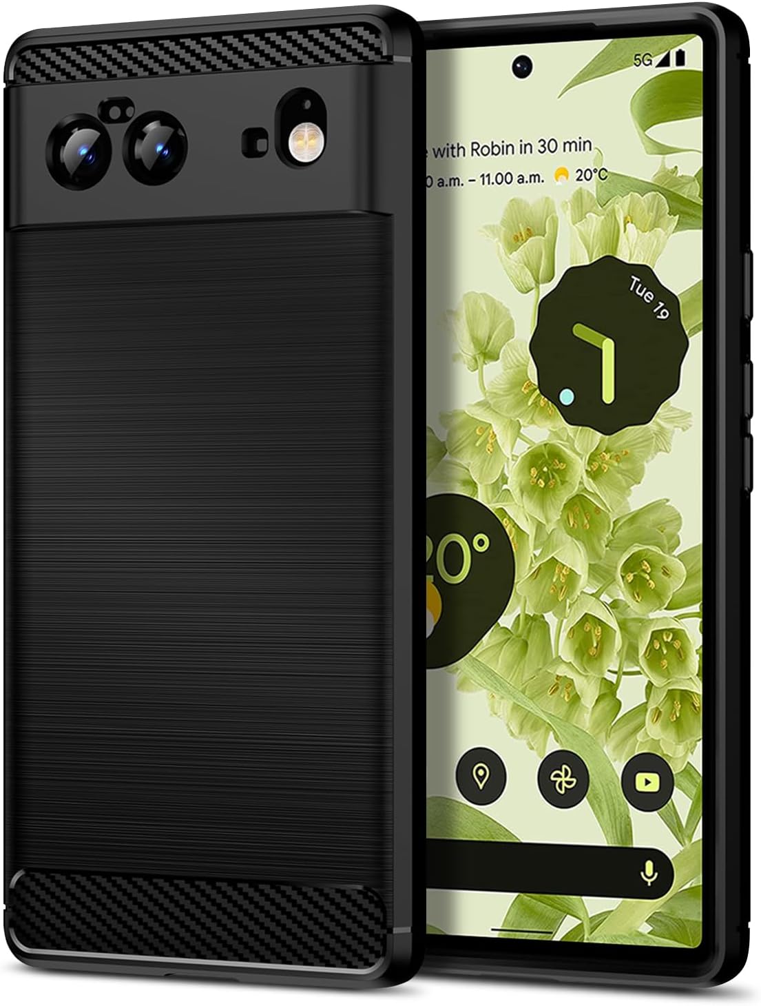 Case Compatible with Google Pixel 6, Slim Fit Phone Cover with Shock-Absorption, Carbon Fiber TPU Rubber Protective Case, Black