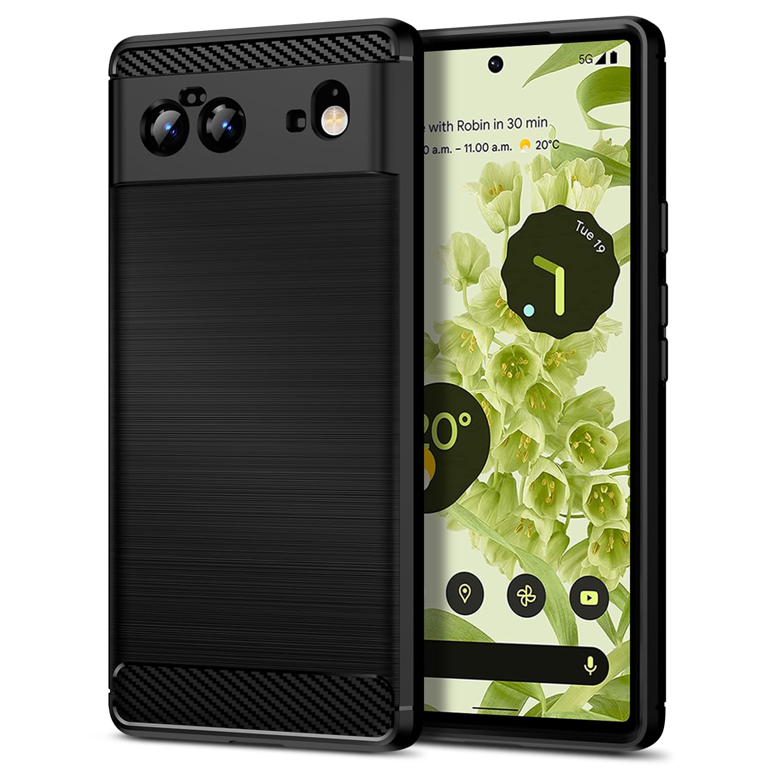 QiinogowCase Compatible with Google Pixel 6, Slim Fit Phone Cover with Shock-Absorption, Carbon Fiber TPU Rubber Protective Case, Black