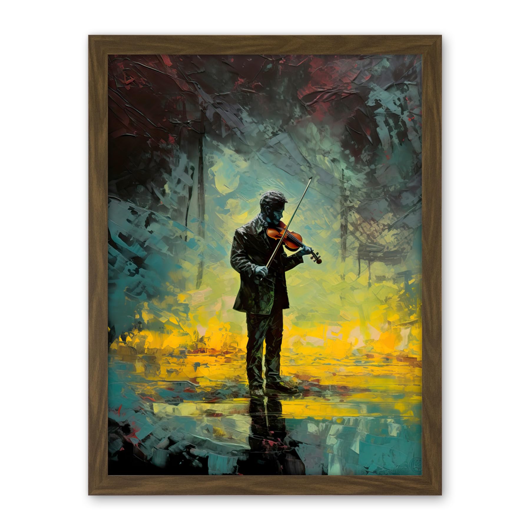 Artery8 Street Musician Playing Violin After the Rain Artwork Framed Wall Art Print 18X24 Inch