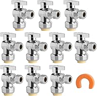 Vista 1 de WiseWater Válvula de tope angular de empuje para conectar 1/2" empuje x 3/8" compresión, 1/4 de vuelta para apagado rápido, latón cromado con clip