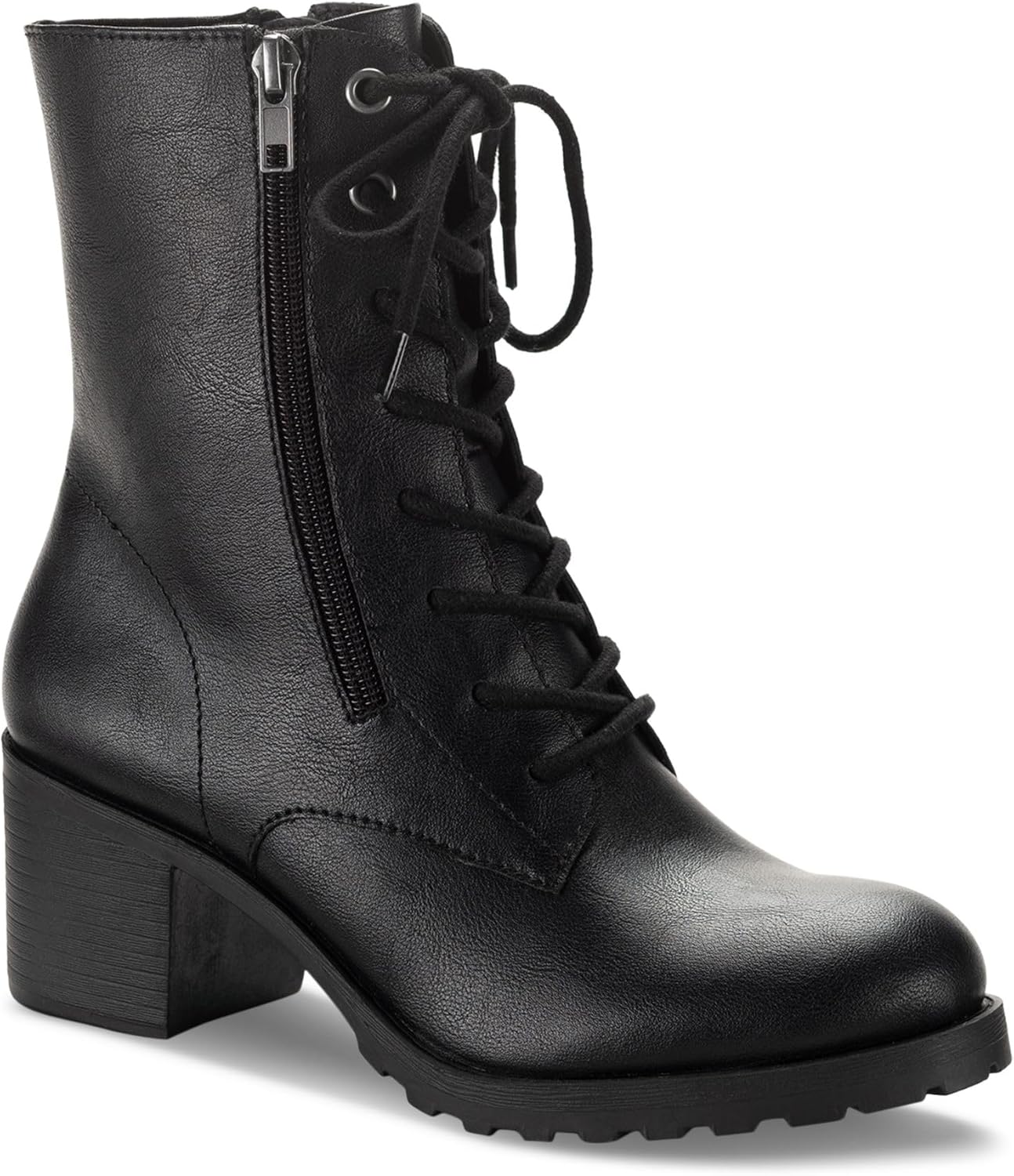 Sun + Stone Womens Black Lace Up Zipper Accent Padded Lug Sole Treaded Sheilaa Round Toe Block Heel Zip-Up Combat Boots 11 M