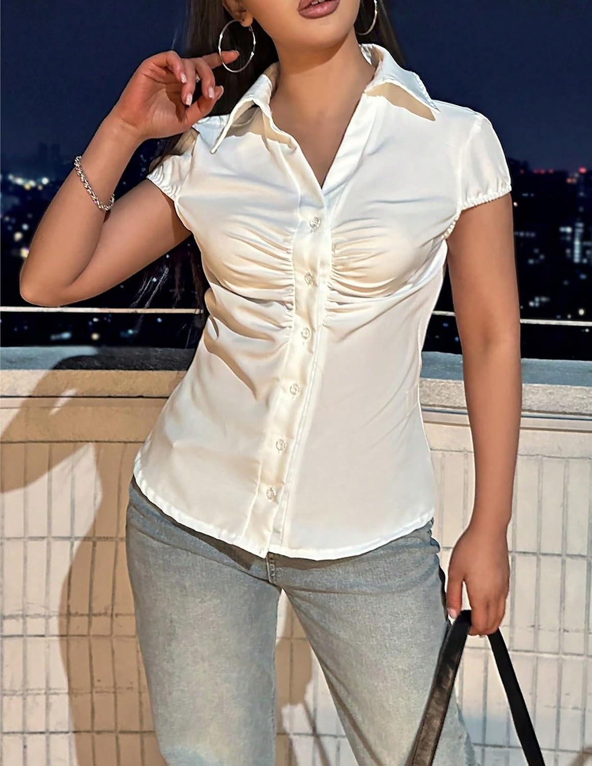 Button Down Short Sleeve Shirt With Pleats Short Sleeve Tops Trendy Blouse Shirts Tops