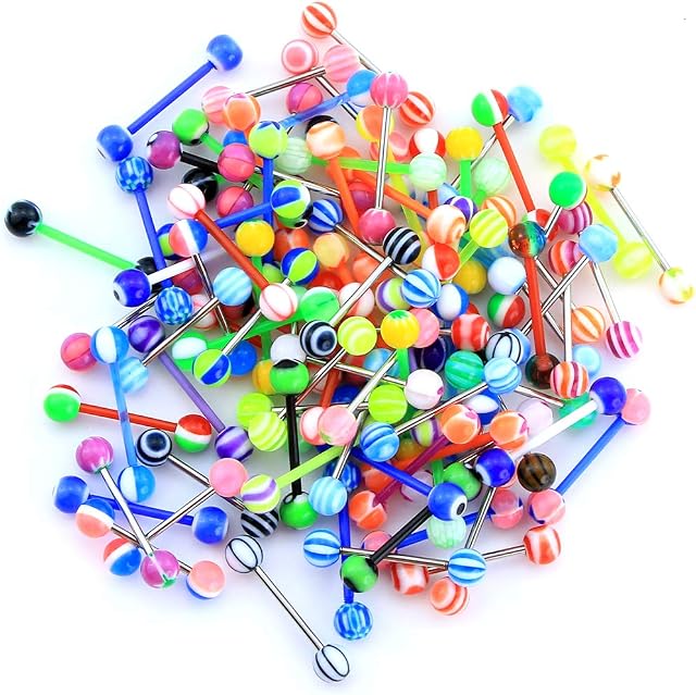 CM Crareesi Mania 50PCS Tongue Rings Pack Random Color Tongue Bars Colorful Tongue Rings Stud Stainless Steel/Acrylic 14G Tongue Barbells