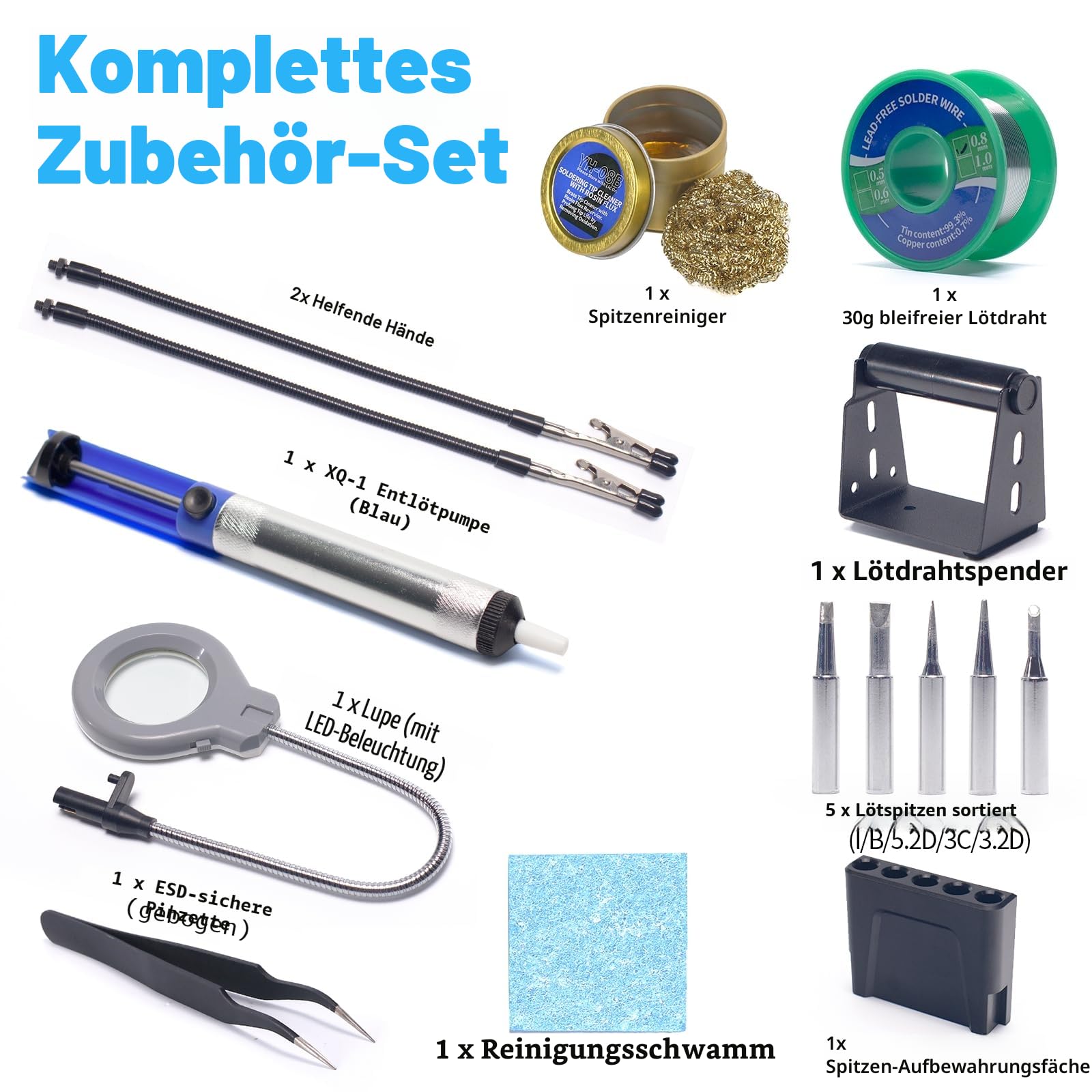 WEP 927-IV V1 lötkolben Set 110W, 3 voreingestellten Kanälen, Schlafmodus, LED-Vergrößerungsglas, 5 zusätzlichen Lötspitzen, Spitzenreiniger, 2 Helferhände, bleifreies Lötzinn, Pinzette (EU Stecker)