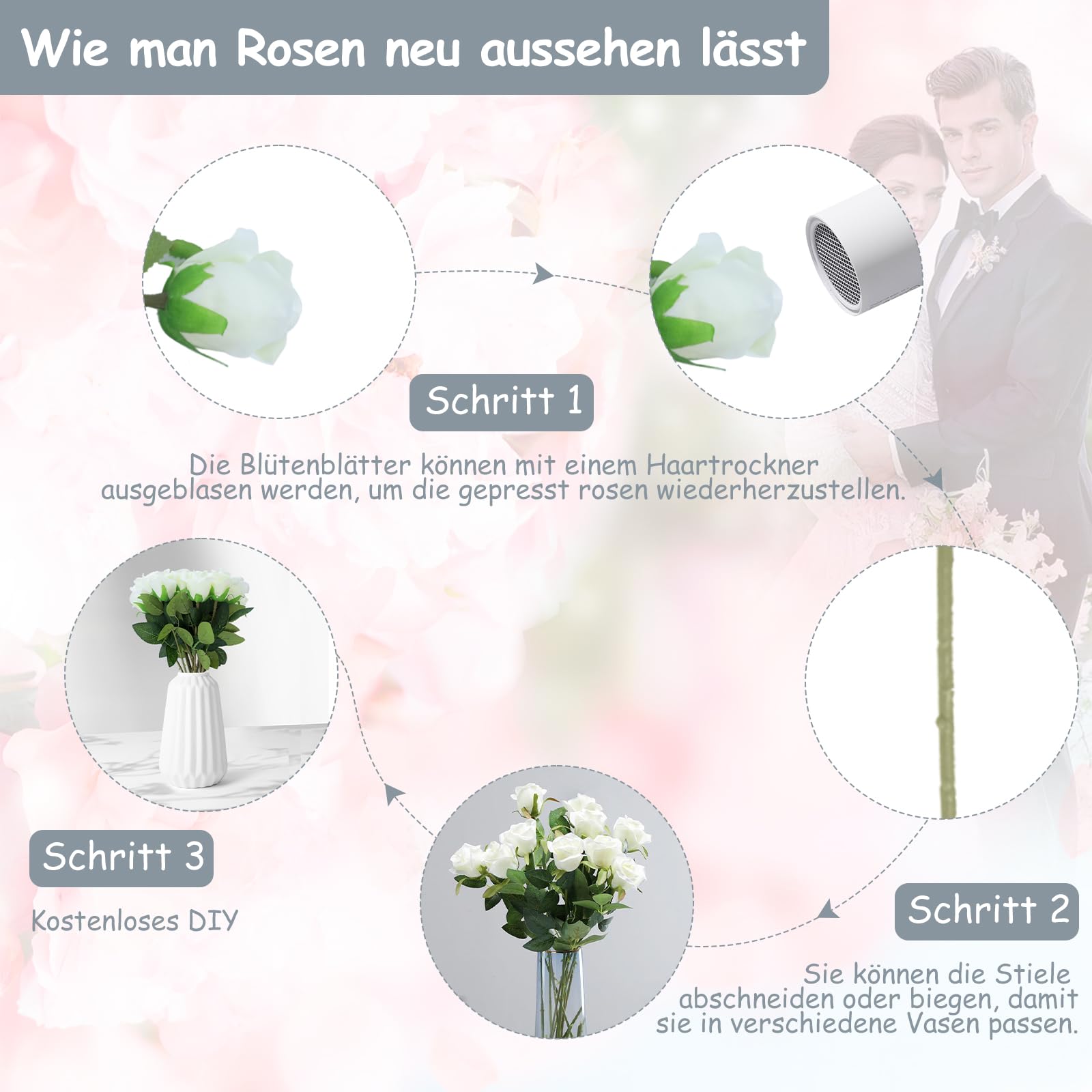 AUMAYCO künstliche Rosen 15 Stück Kunstblumen Wie Echt, 17,7 Zoll Long Stem Fake Rosen Künstliche Blumen für DIY Hochzeitsdeko Brautsträuß Hausgarten Party Hotel Büro Deko Rosen (Weiß)