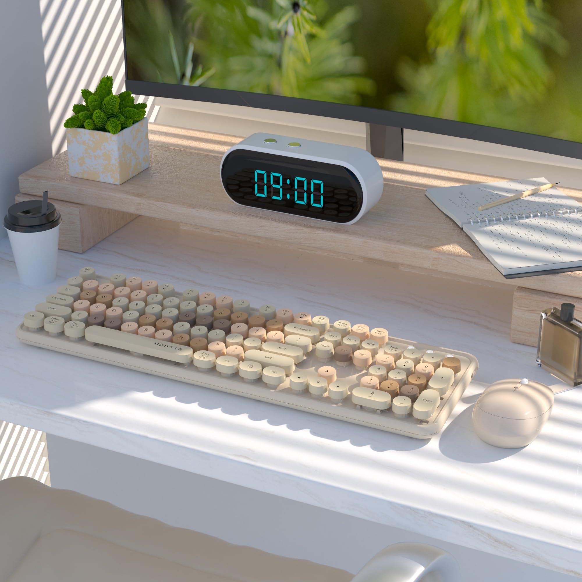 UBOTIE Colorido teclado inalámbrico para computadora, mouse Combos, máquinas de escribir, teclas flexibles para oficina, teclado de tamaño completo, conexión sin abandono de 2.4 GHz y mouse óptico (té