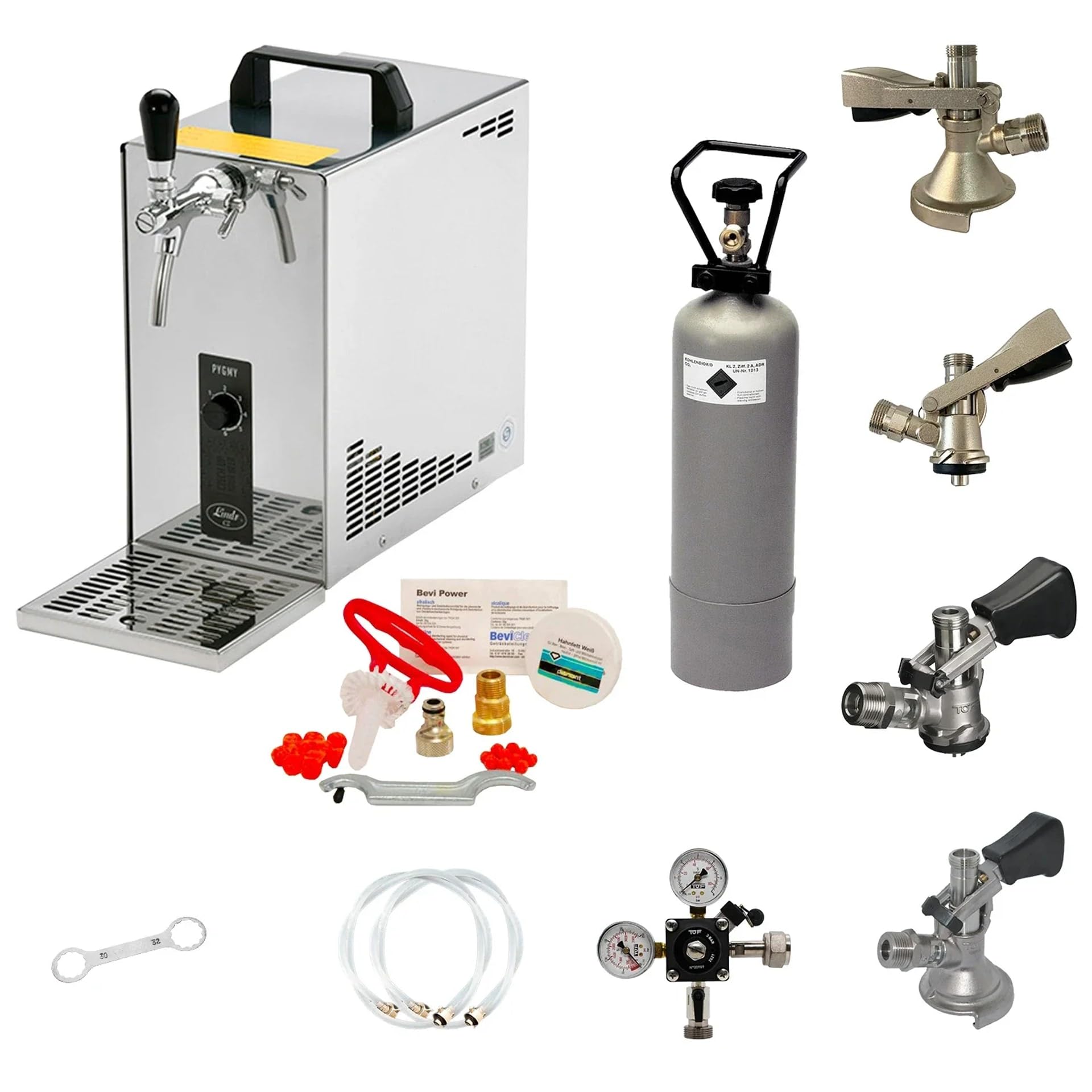 Komplett Set - Zapfanlage, Bierzapfanlage, Bierkoffer, Durchlaufkühler PYGMY 25 1-leitig Trockenkühler, 35 Liter/h, Reinigungsset für Zapfanlage und Keg, Set 4 Zapfköpfe