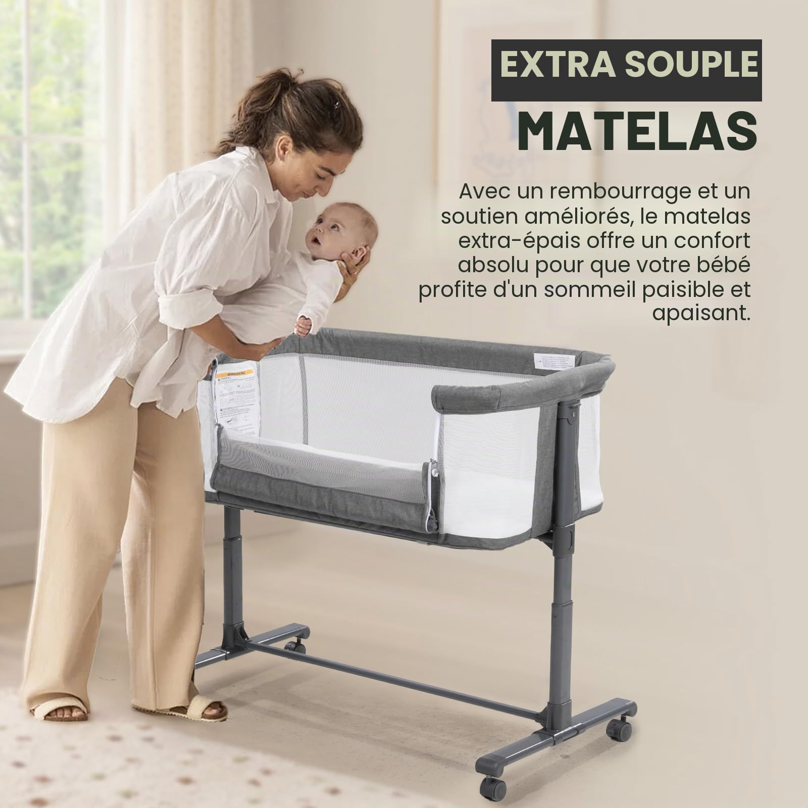 Berceau 3 en 1 pour bébé, berceau, berceau, lit de chevet, lit de voyage, avec matelas et table à langer, pliable, réglable, berceau, portable (gris)