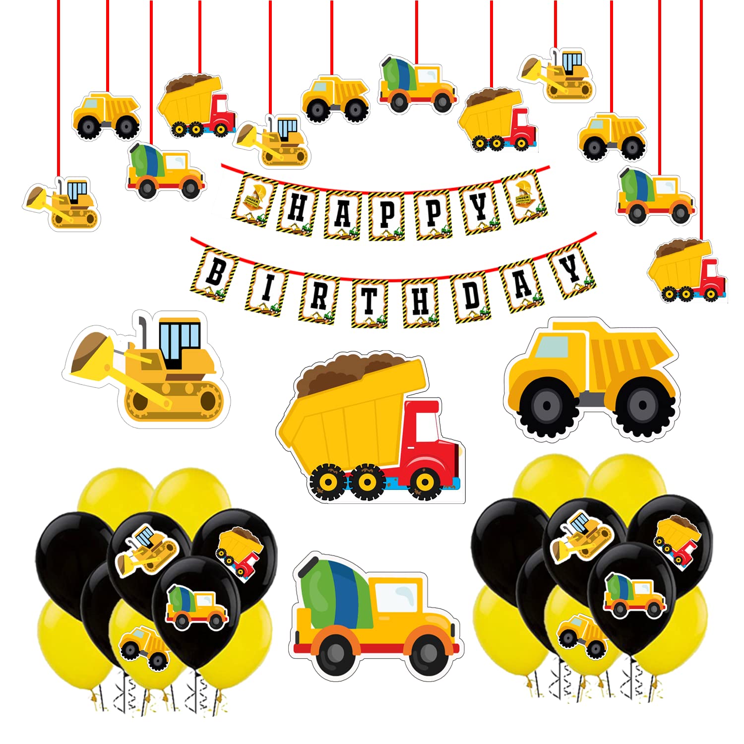 WoW Party Studio Construction Happy Birthday Theme Party Decorations Items Combo Kit Set - 45Pcs, Material Cardstock 300GSM Paper with Banner, Cutouts, Balloons for Girls Boys Kids