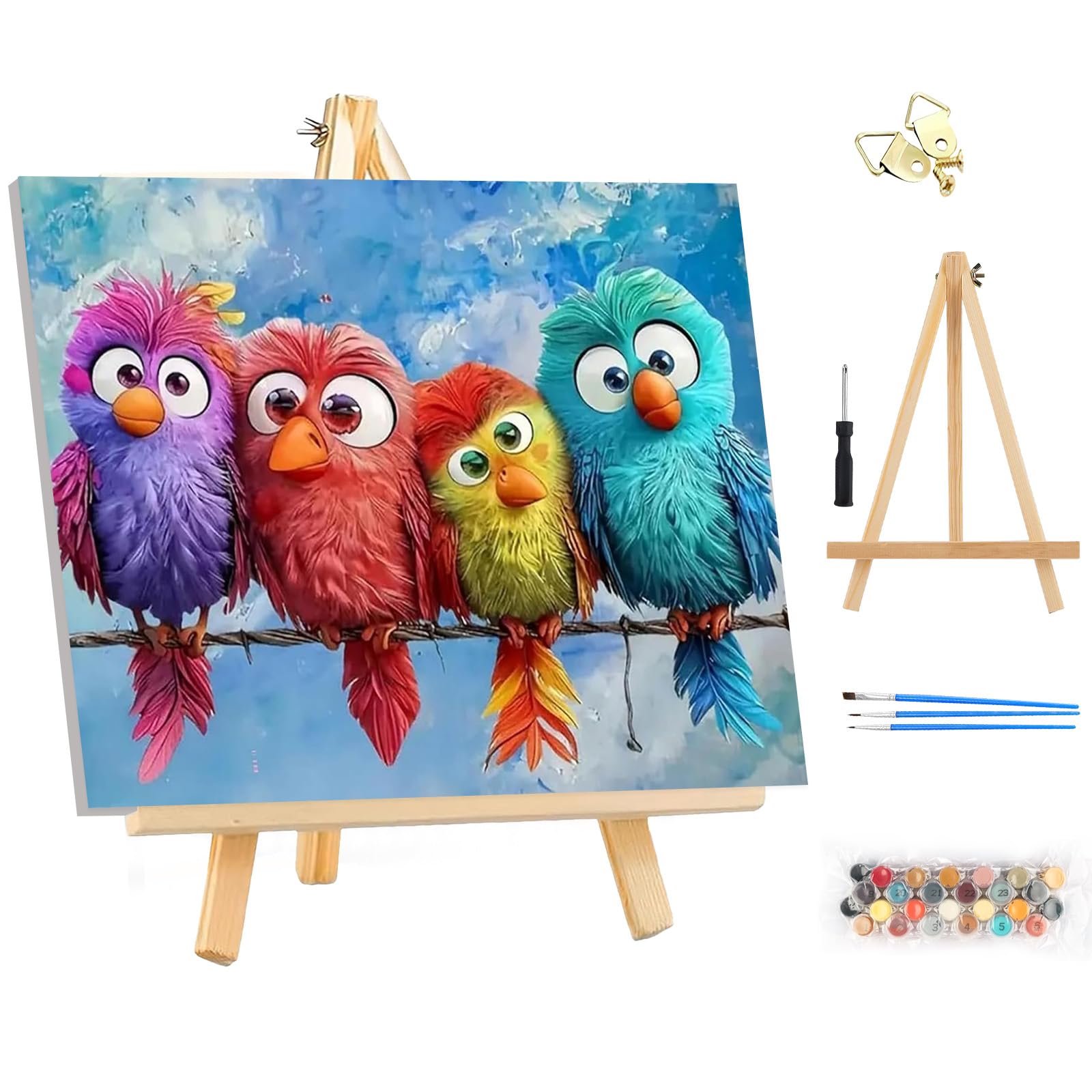 MEIYUDA Paint by Numbers for Adult with Frame & Wooden Easel, Bird DIY Canvas Oil Painting Kit for Beginner, Arts and Crafts Drawing Paintwork for Home Wall Decor 35x25cm