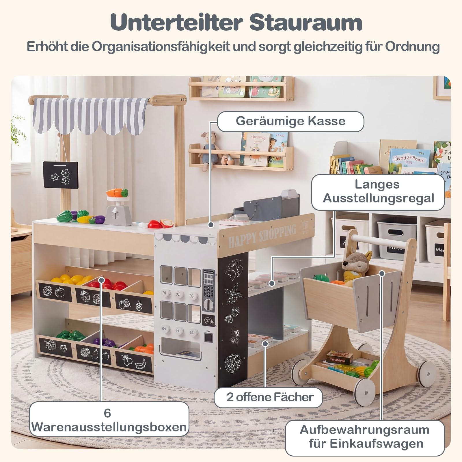DREAMADE Kaufladen Kinder, Kaufmannsladen Holz mit Einkaufswagen | Einkaufsladen Klein mit Licht & Sound, Interaktives Supermarkt mit Kasse, Obst, Gemüse, Tafeln, Marktstand für Kinder ab 3 J