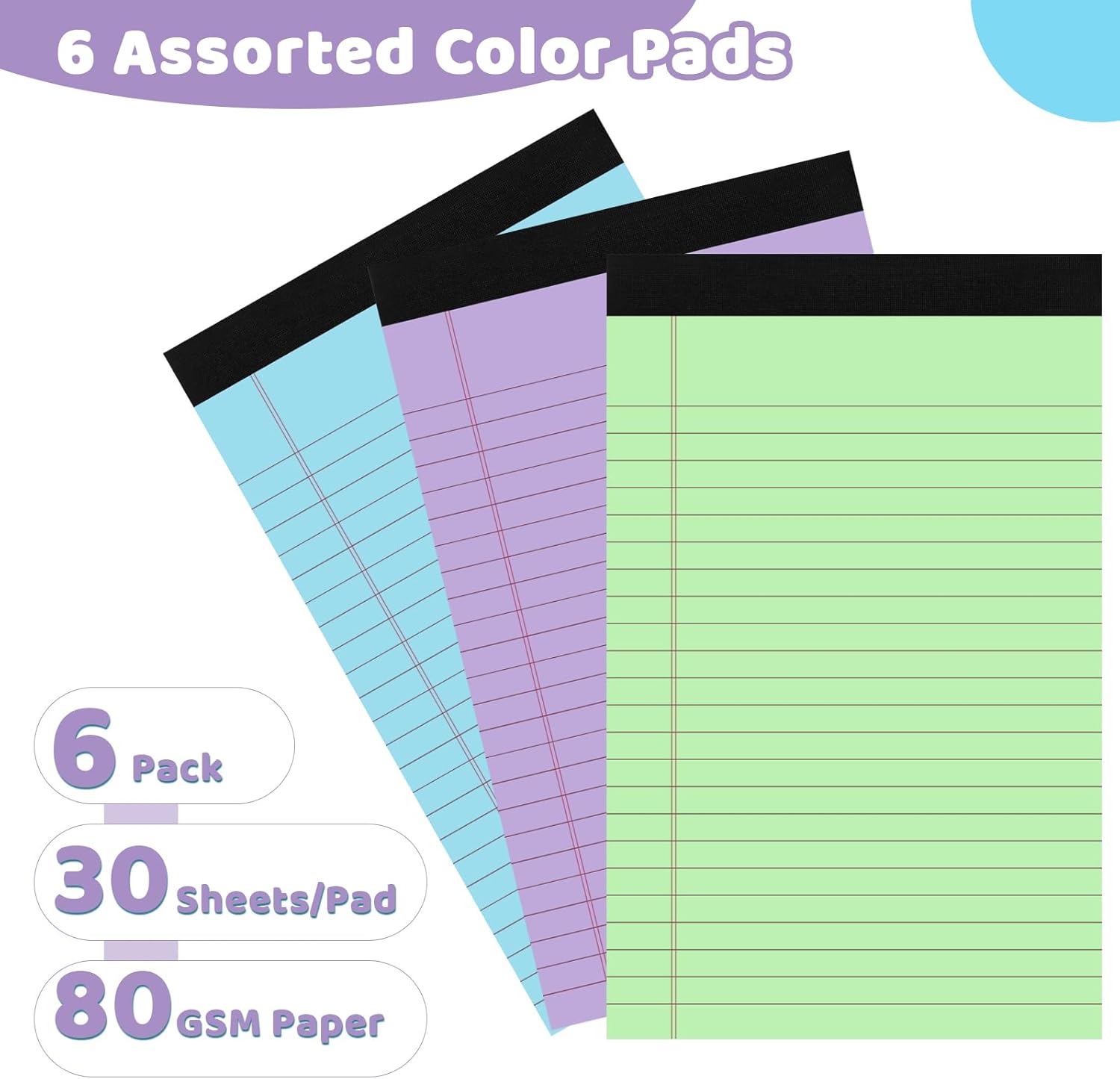 6 Packs Legal Pads 5x8, Totally 180 Sheets Colored Legal Pads 5x8 College Ruled Writing Pads Small Note Pads 30 Sheets/Pad Tablets Lined Notepad for School, Office, To-Do Lists - Image 2