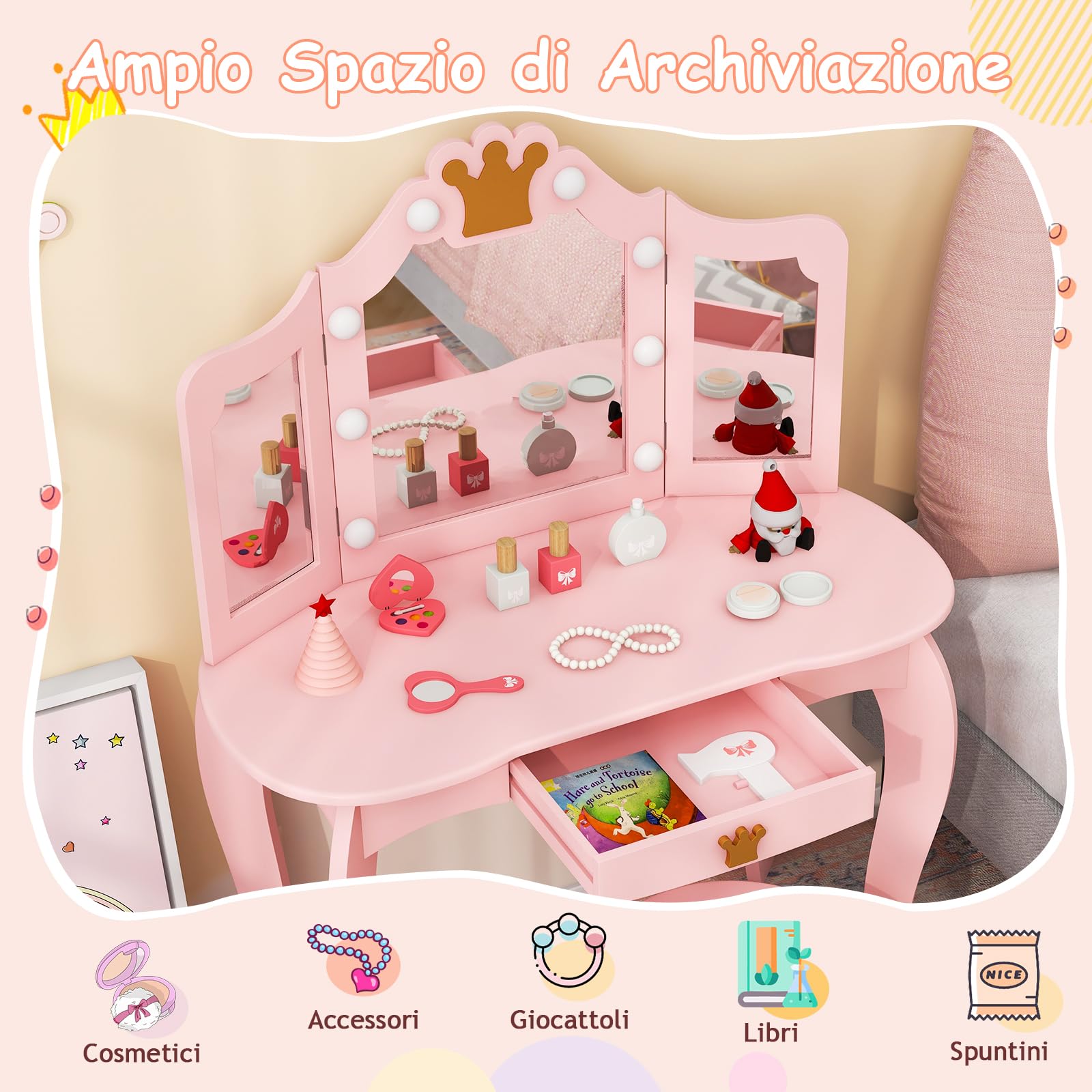 GYMAX Set Vanity Toeletta per Bambini, Tavolo da Trucco da Principessa con Specchio Triplo, Luci Dimmerabili a 3 Colori, Cassetto e Sgabello per Cameretta Bambina, 80 x 40 x 106 cm (Rosa)