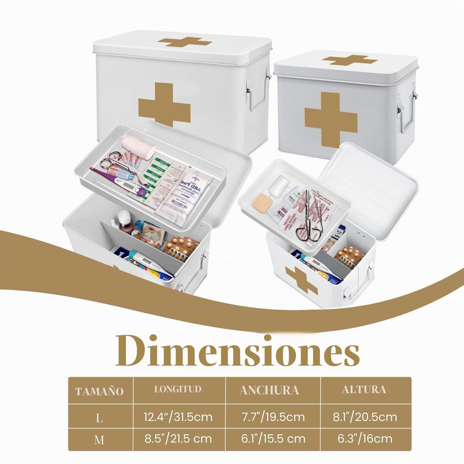 Flexzion Caja organizadora de primeros auxilios para medicamentos, kit de suministros – Caja de almacenamiento vacía de metal blanco de 13 pulgadas con bandeja extraíble con cruz dorada, cajas