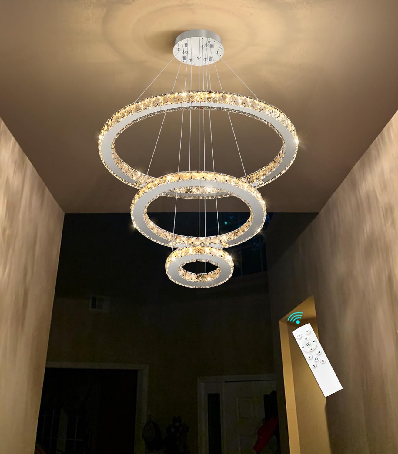 Modern Crystal Chandelier Dimmable LED Ceiling Light Fixture 3 Ring Adjustable Stainless Steel Chandeliers for Dining Room Living Room Bedroom Silver