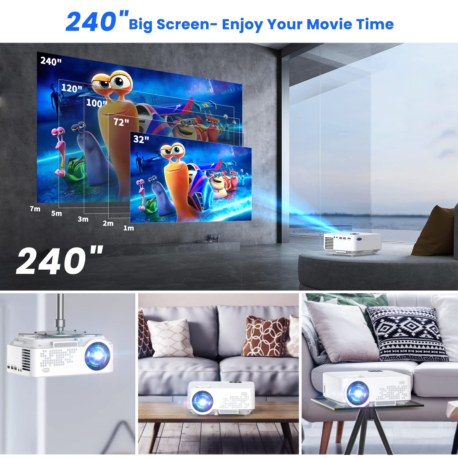 HOPVISION Mini vidéoprojecteur - 7500 lumens, 1080p Full HD, LCD, Home cinéma, extérieur, USB & HDMI, Portable, écran 240", Lampe de 60 000 h